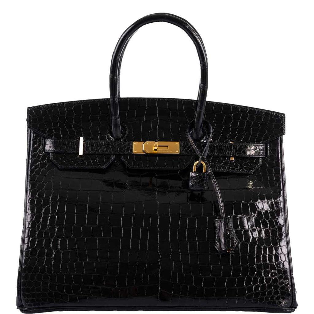 Hermes Birkin 35 Black Shiny Porosus Crocodile with Gold Hardware - 2017, A - Exclusu