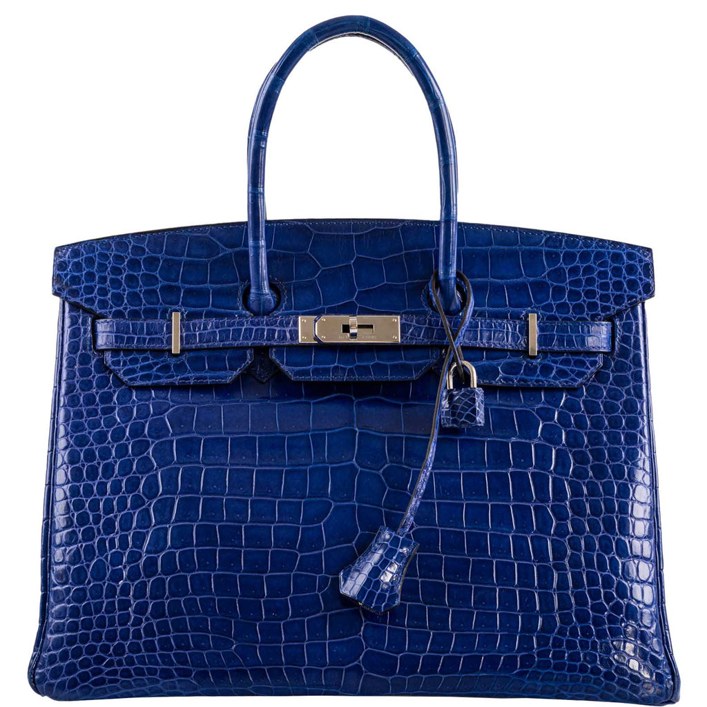 Hermes Birkin 35 Blue Electric Porosus Crocodile Palladium Hardware - 2012, P Square - Exclusu