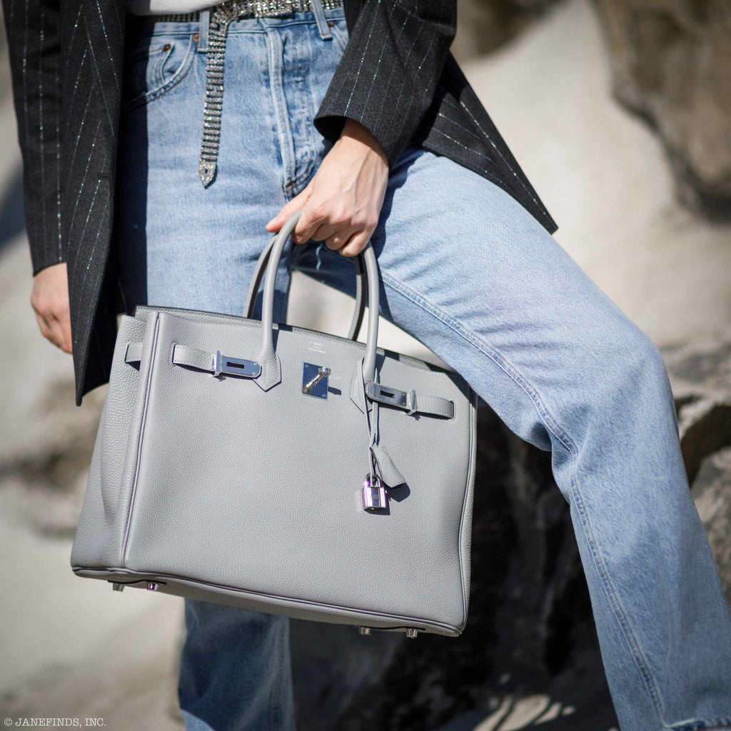 Hermes Birkin 35 Gris Mouette Verso Blue Agate Togo Palladium Hardware - 2016, X - Exclusu
