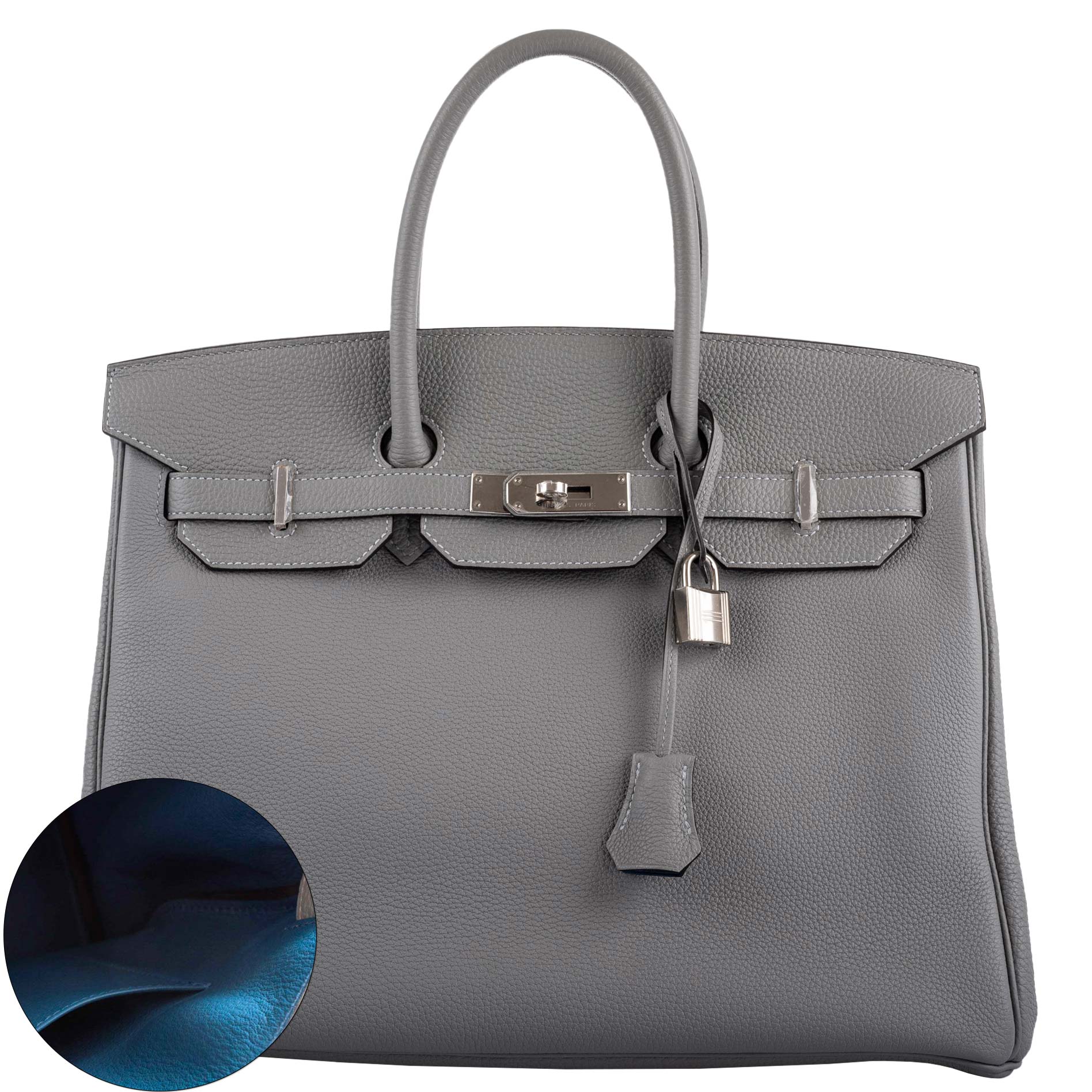 Hermes Birkin 35 Gris Mouette Verso Blue Agate Togo Palladium Hardware - 2016, X - Exclusu