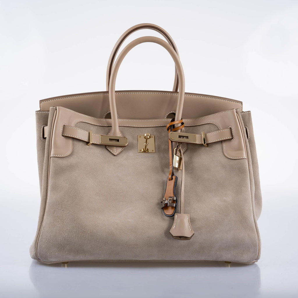 Hermes Birkin 35 Grizzly Argile Veau Doblis Suede & Swift Permabrass Hardware - 2014, R Square - Exclusu