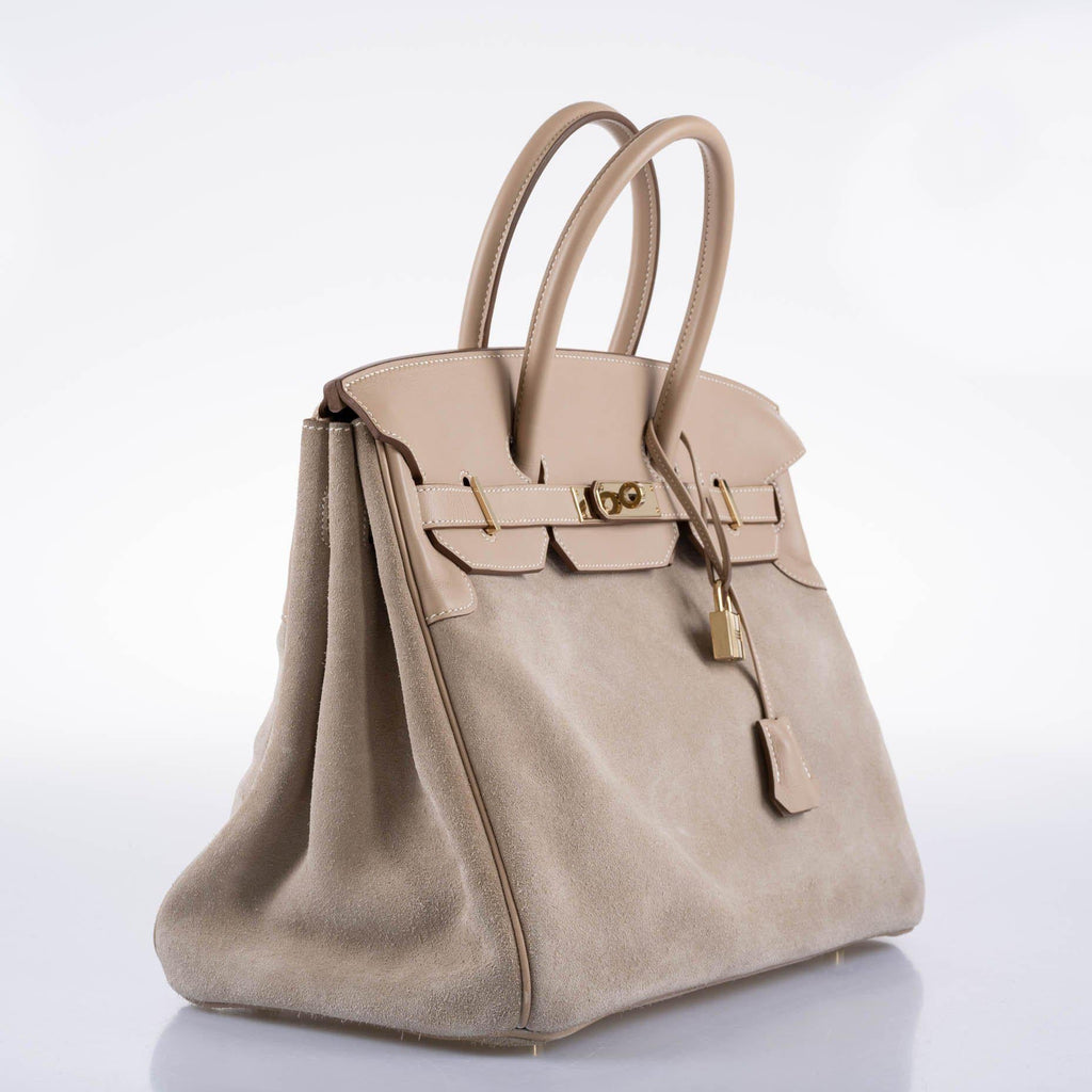 Hermes Birkin 35 Grizzly Argile Veau Doblis Suede & Swift Permabrass Hardware - 2014, R Square - Exclusu