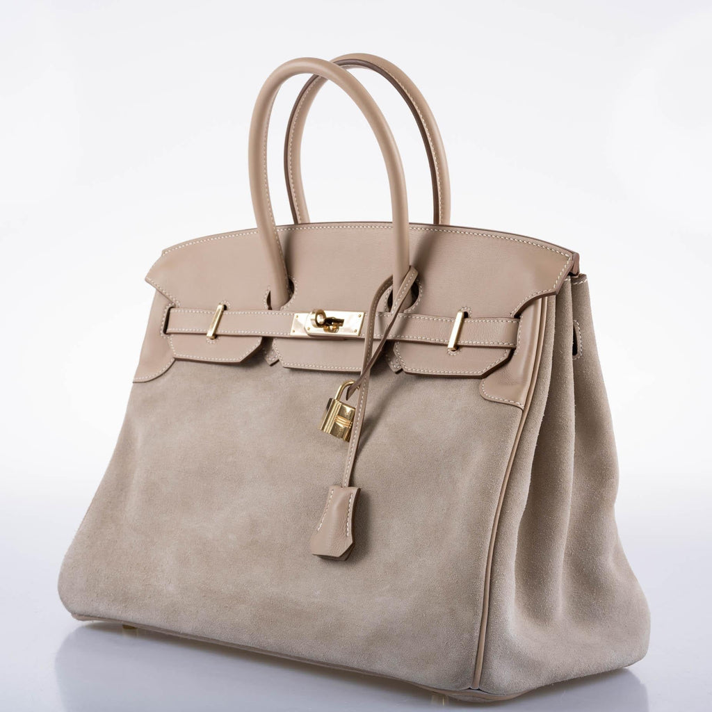 Hermes Birkin 35 Grizzly Argile Veau Doblis Suede & Swift Permabrass Hardware - 2014, R Square - Exclusu