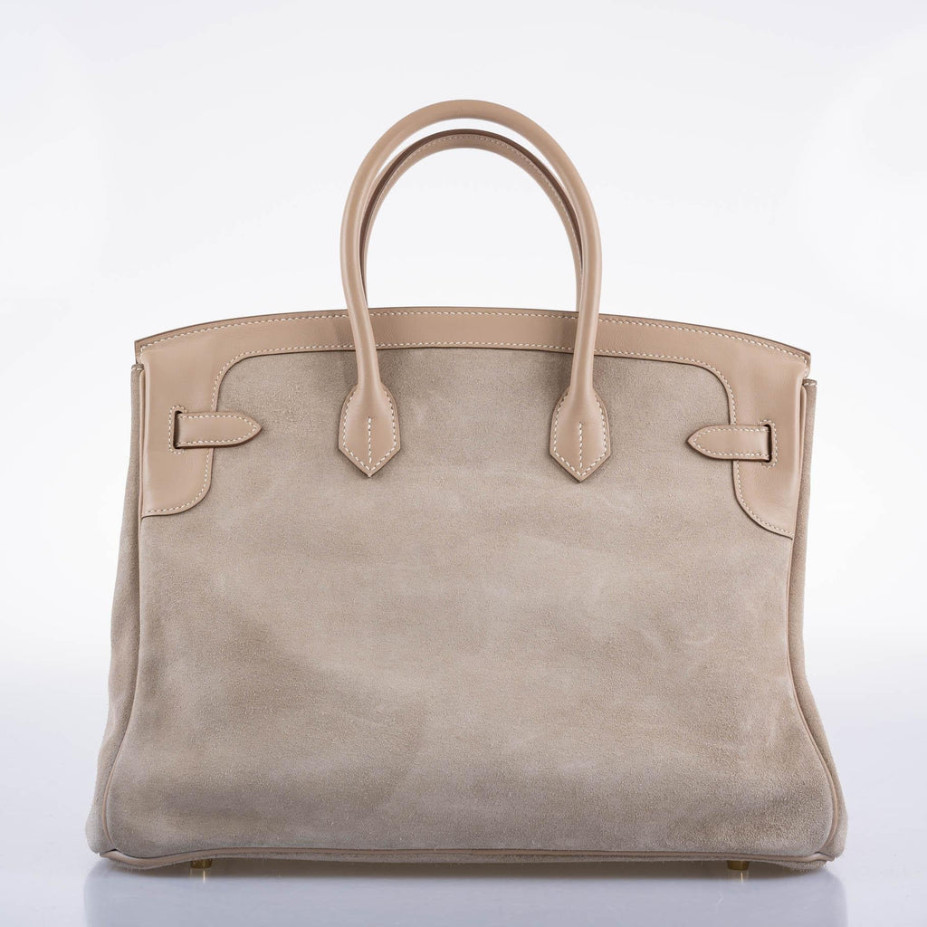 Hermes Birkin 35 Grizzly Argile Veau Doblis Suede & Swift Permabrass Hardware - 2014, R Square - Exclusu
