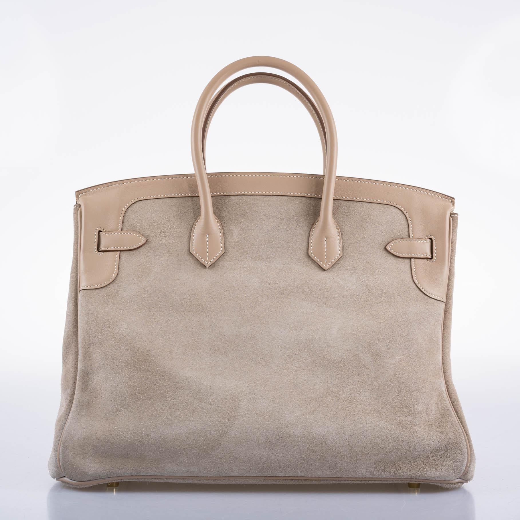 Hermes Birkin 35 Grizzly Argile Veau Doblis Suede & Swift Permabrass Hardware - 2014, R Square - Exclusu