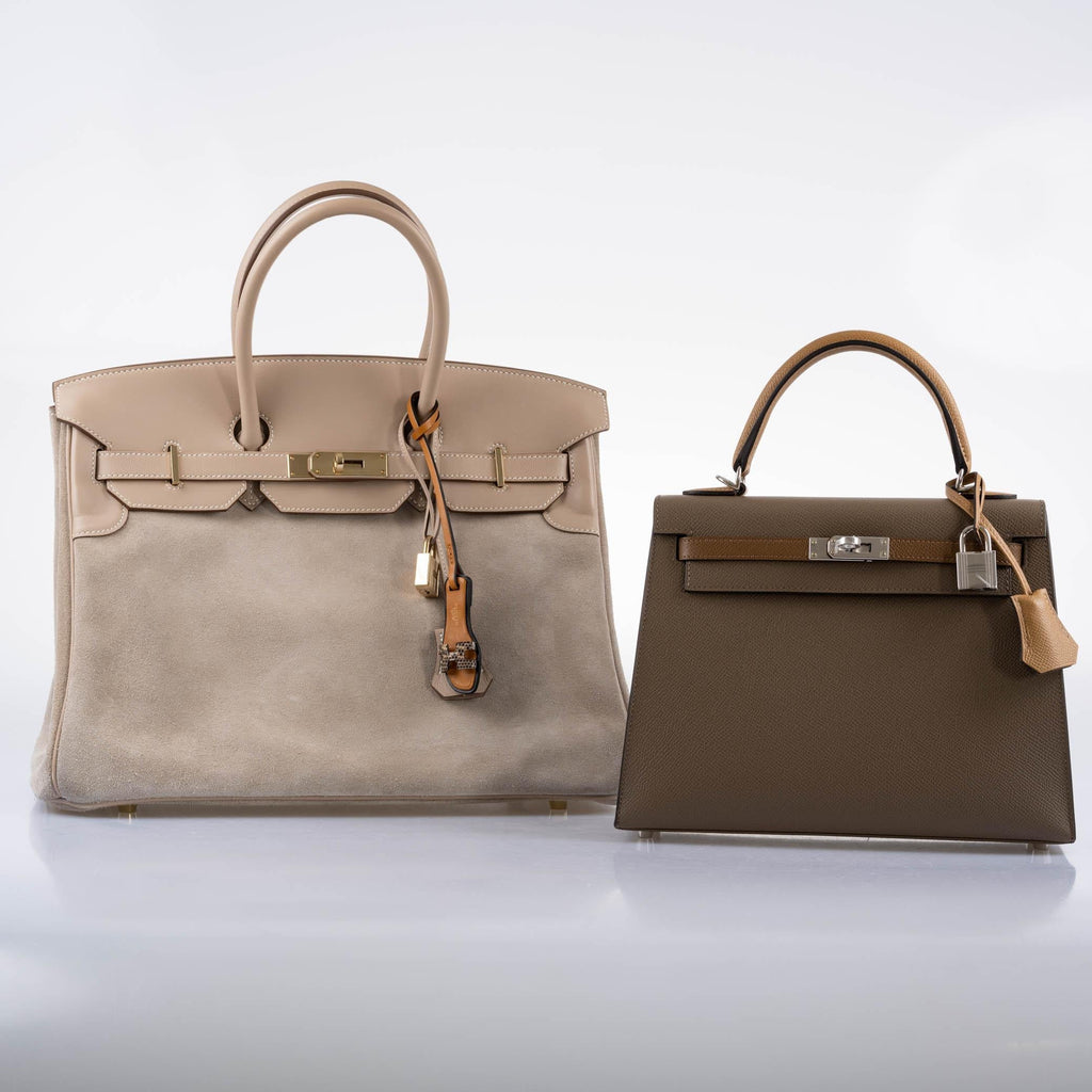 Hermes Birkin 35 Grizzly Argile Veau Doblis Suede & Swift Permabrass Hardware - 2014, R Square - Exclusu
