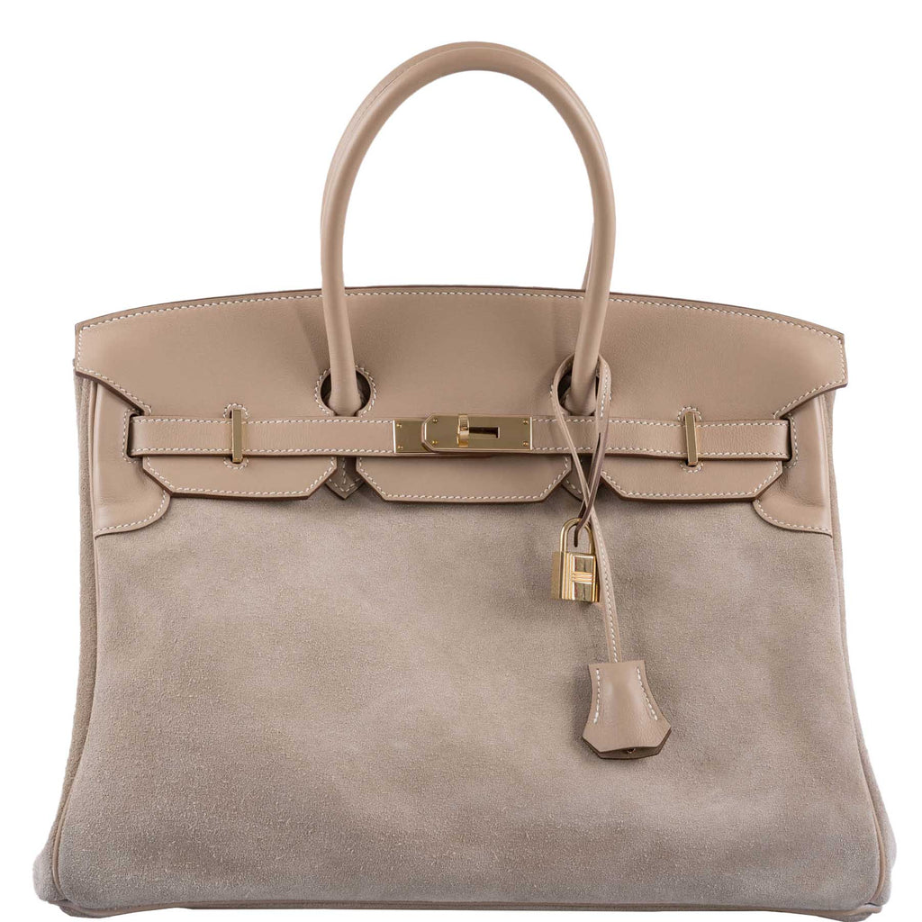 Hermes Birkin 35 Grizzly Argile Veau Doblis Suede & Swift Permabrass Hardware - 2014, R Square - Exclusu