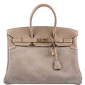 Hermes Birkin 35 Grizzly Argile Veau Doblis Suede & Swift Permabrass Hardware - 2014, R Square - Exclusu