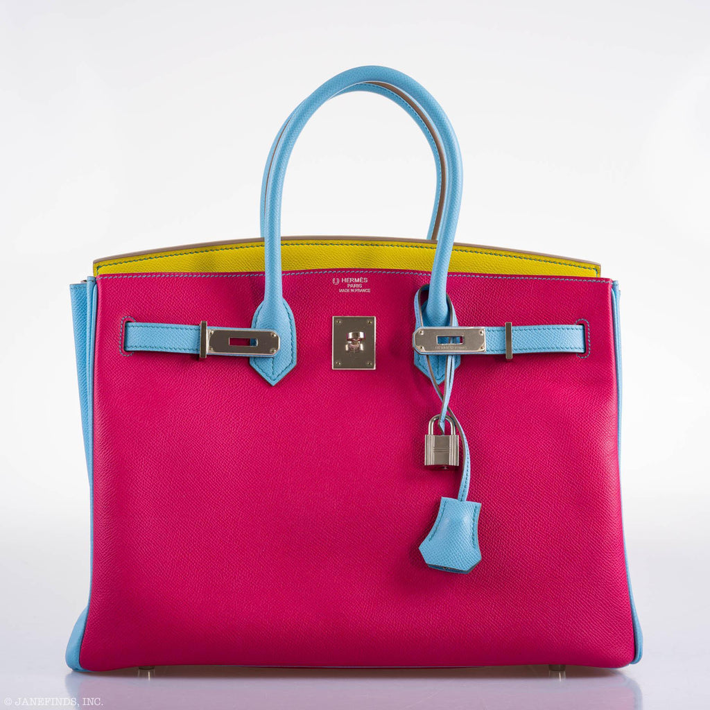 Hermes Birkin 35 HSS Rose Tyrien, Blue Celeste, Lime Epsom Palladium Hardware - 2011, O - Exclusu