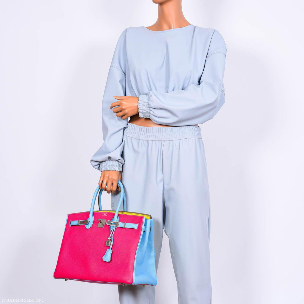 Hermes Birkin 35 HSS Rose Tyrien, Blue Celeste, Lime Epsom Palladium Hardware - 2011, O - Exclusu