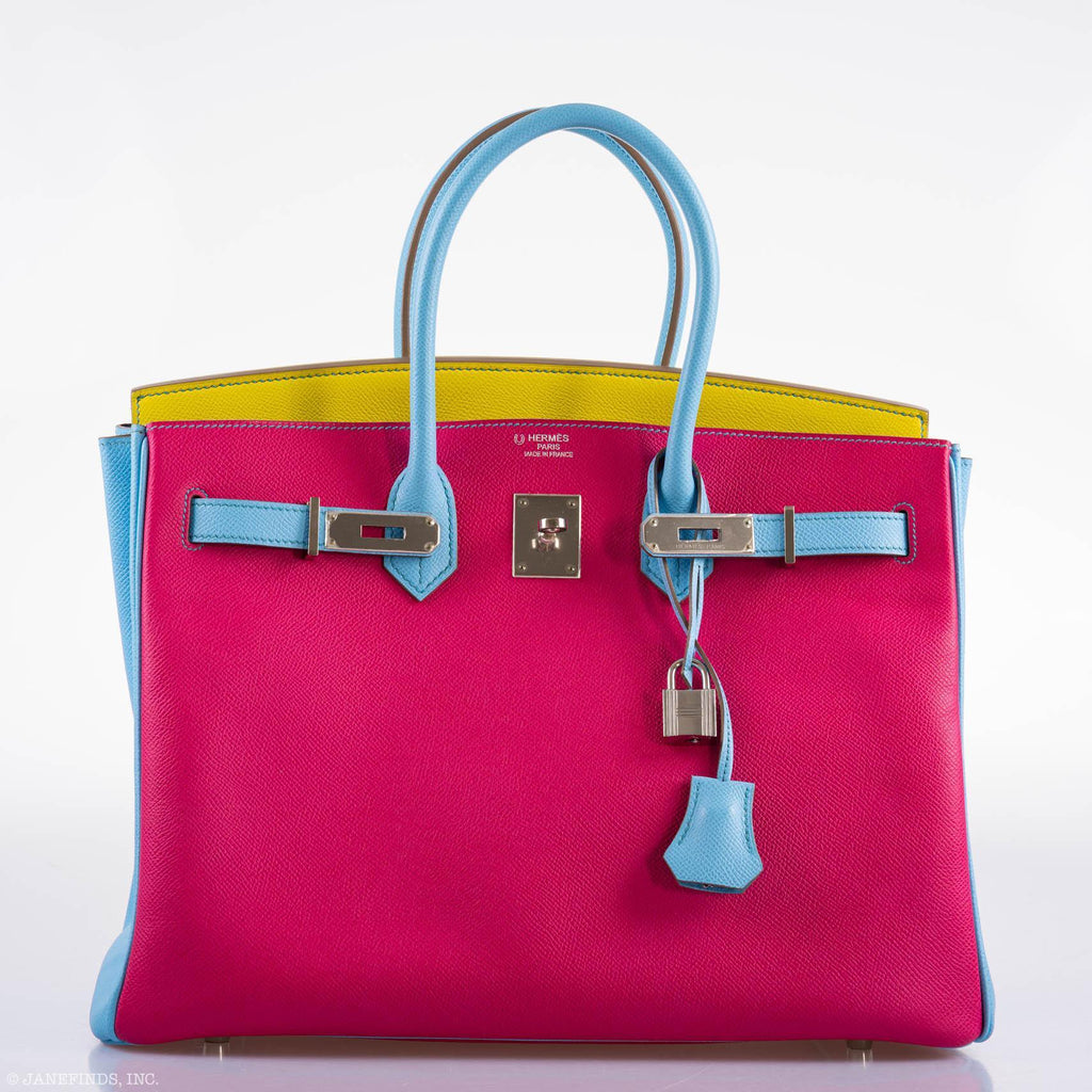 Hermes Birkin 35 HSS Rose Tyrien, Blue Celeste, Lime Epsom Palladium Hardware - 2011, O - Exclusu