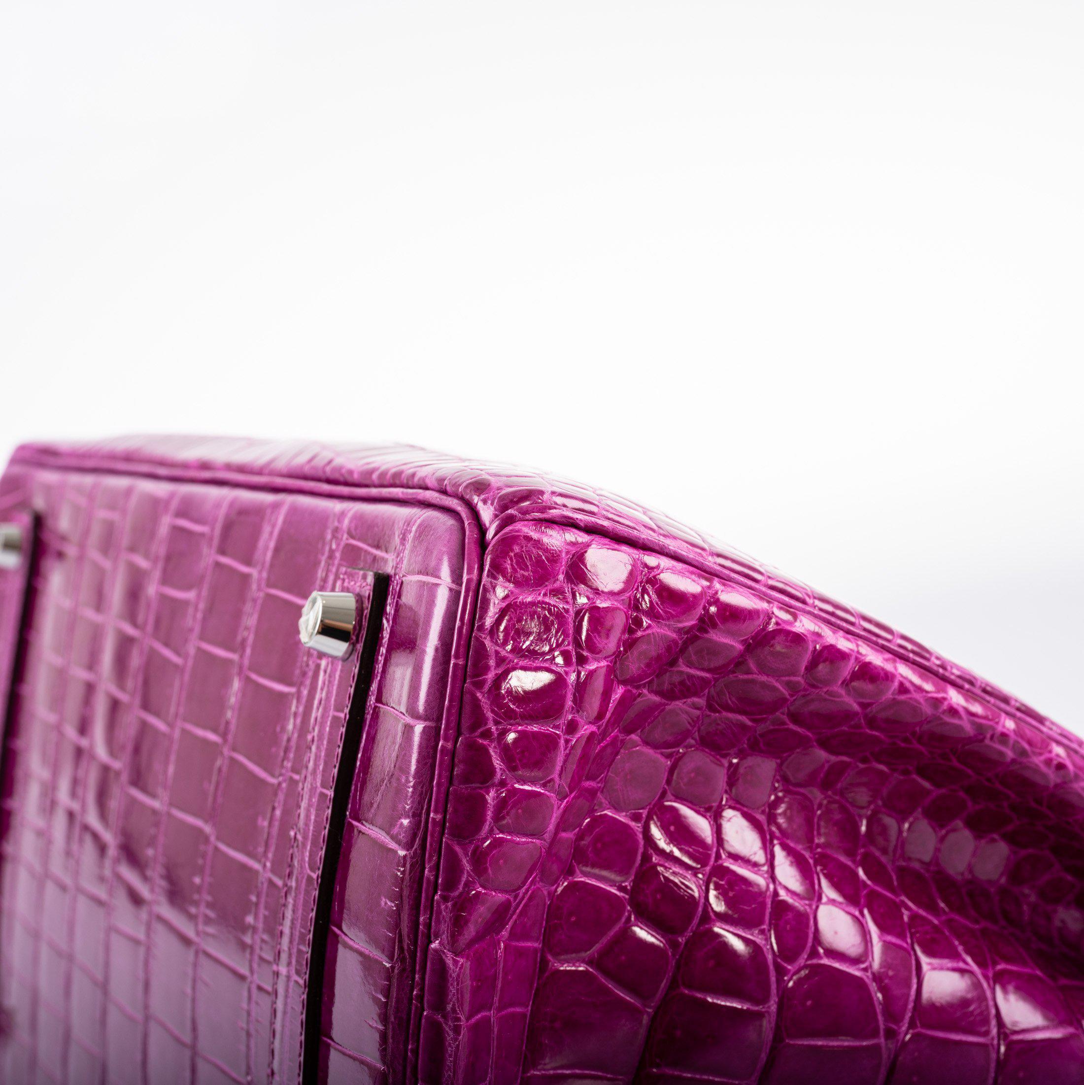 Hermes Birkin 35 Rose Scheherazade Shiny Porosus Crocodile Palladium Hardware - 2013, Q Square - Exclusu