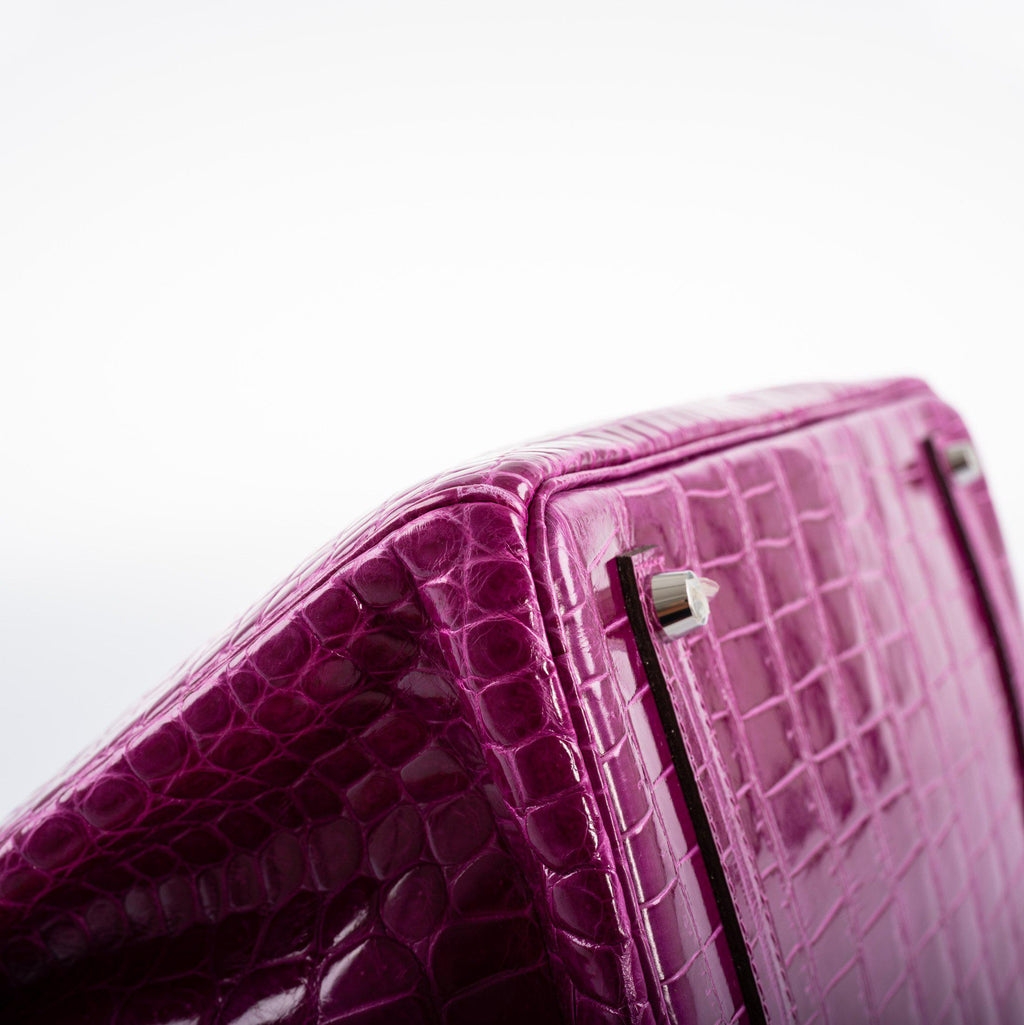 Hermes Birkin 35 Rose Scheherazade Shiny Porosus Crocodile Palladium Hardware - 2013, Q Square - Exclusu