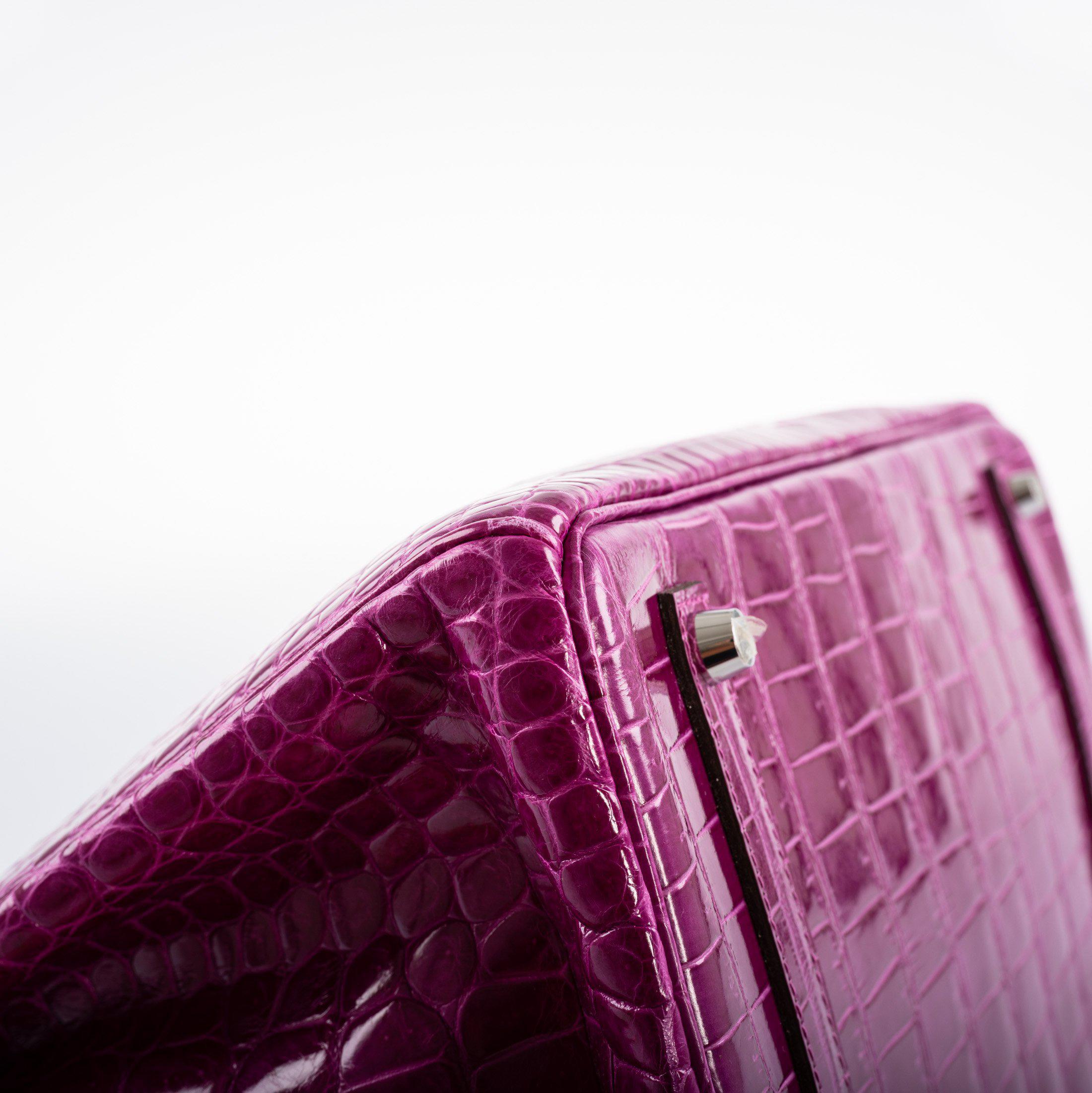 Hermes Birkin 35 Rose Scheherazade Shiny Porosus Crocodile Palladium Hardware - 2013, Q Square - Exclusu