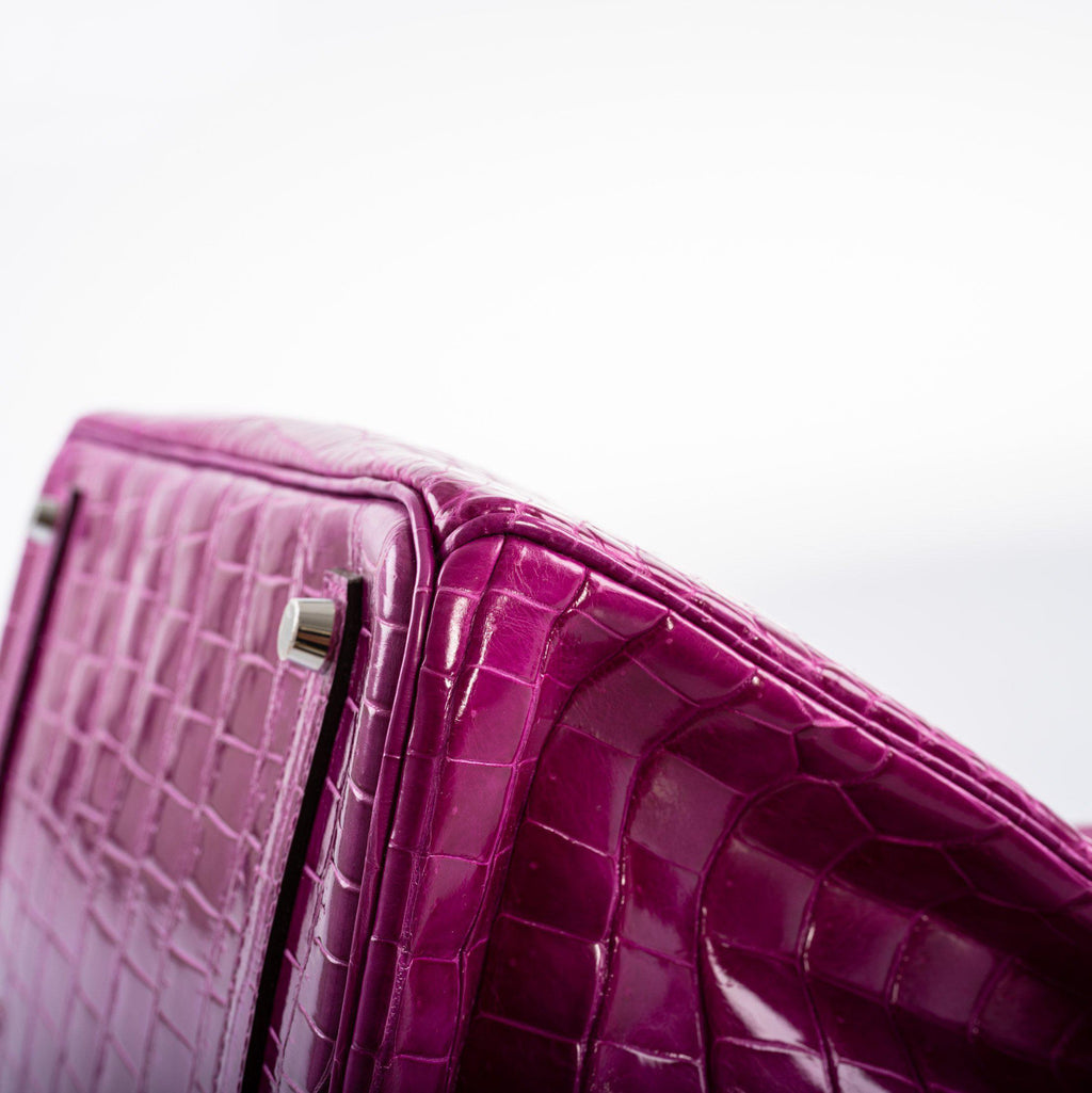 Hermes Birkin 35 Rose Scheherazade Shiny Porosus Crocodile Palladium Hardware - 2013, Q Square - Exclusu