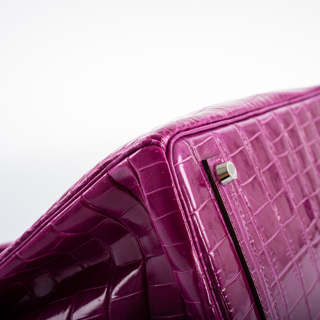 Hermes Birkin 35 Rose Scheherazade Shiny Porosus Crocodile Palladium Hardware - 2013, Q Square - Exclusu
