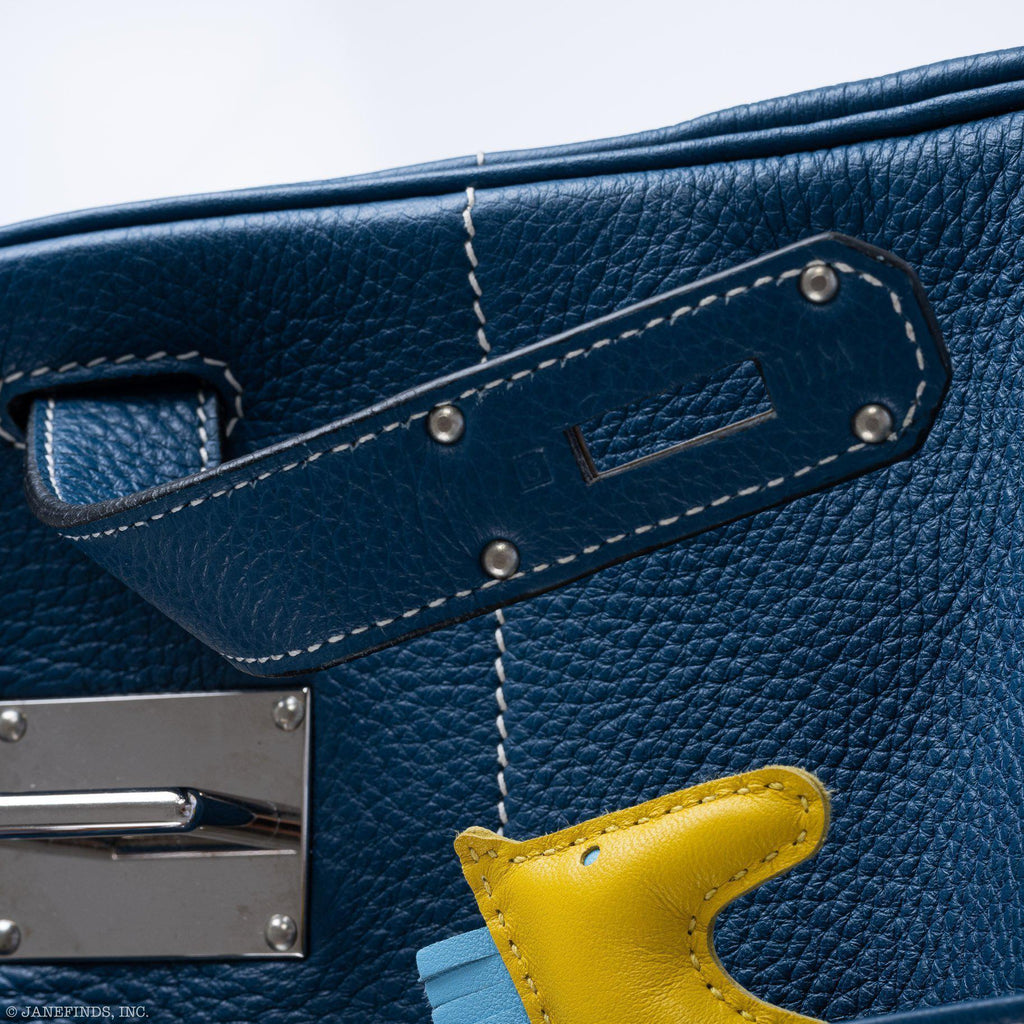 Hermes Birkin 40 HAC Blue Thalassa Togo & White Stitching Palladium Hardware - 2003, G Square - Exclusu