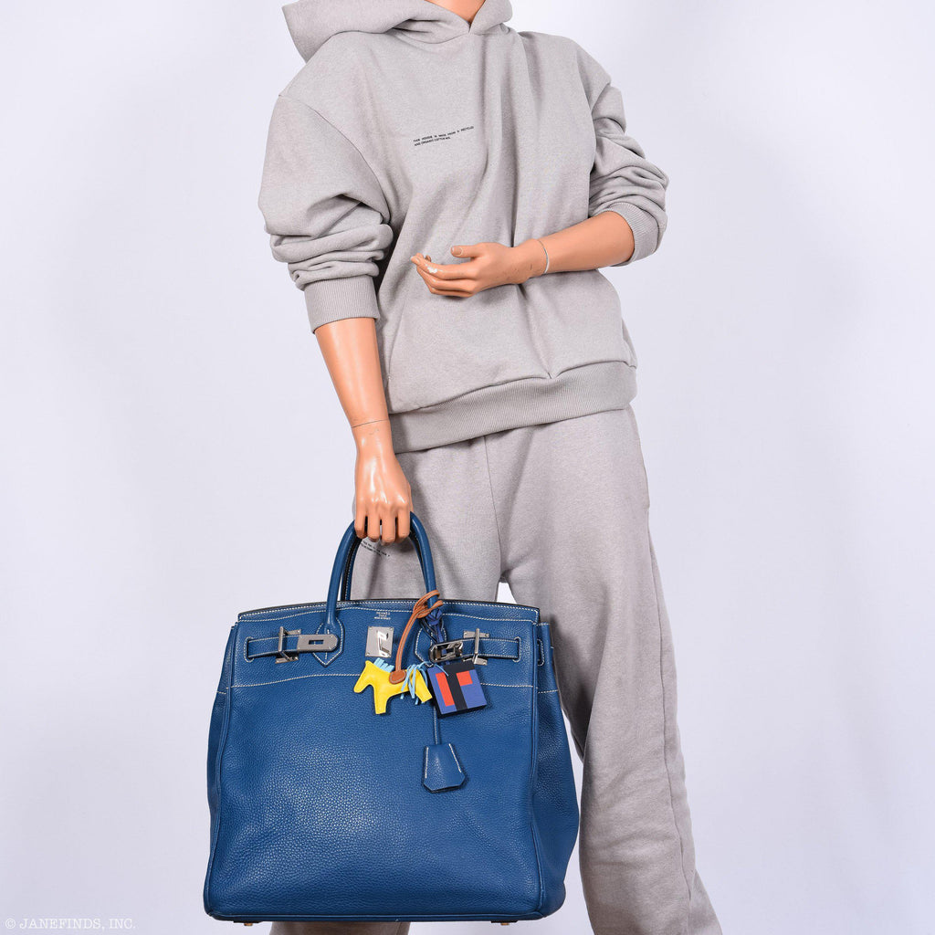 Hermes Birkin 40 HAC Blue Thalassa Togo & White Stitching Palladium Hardware - 2003, G Square - Exclusu