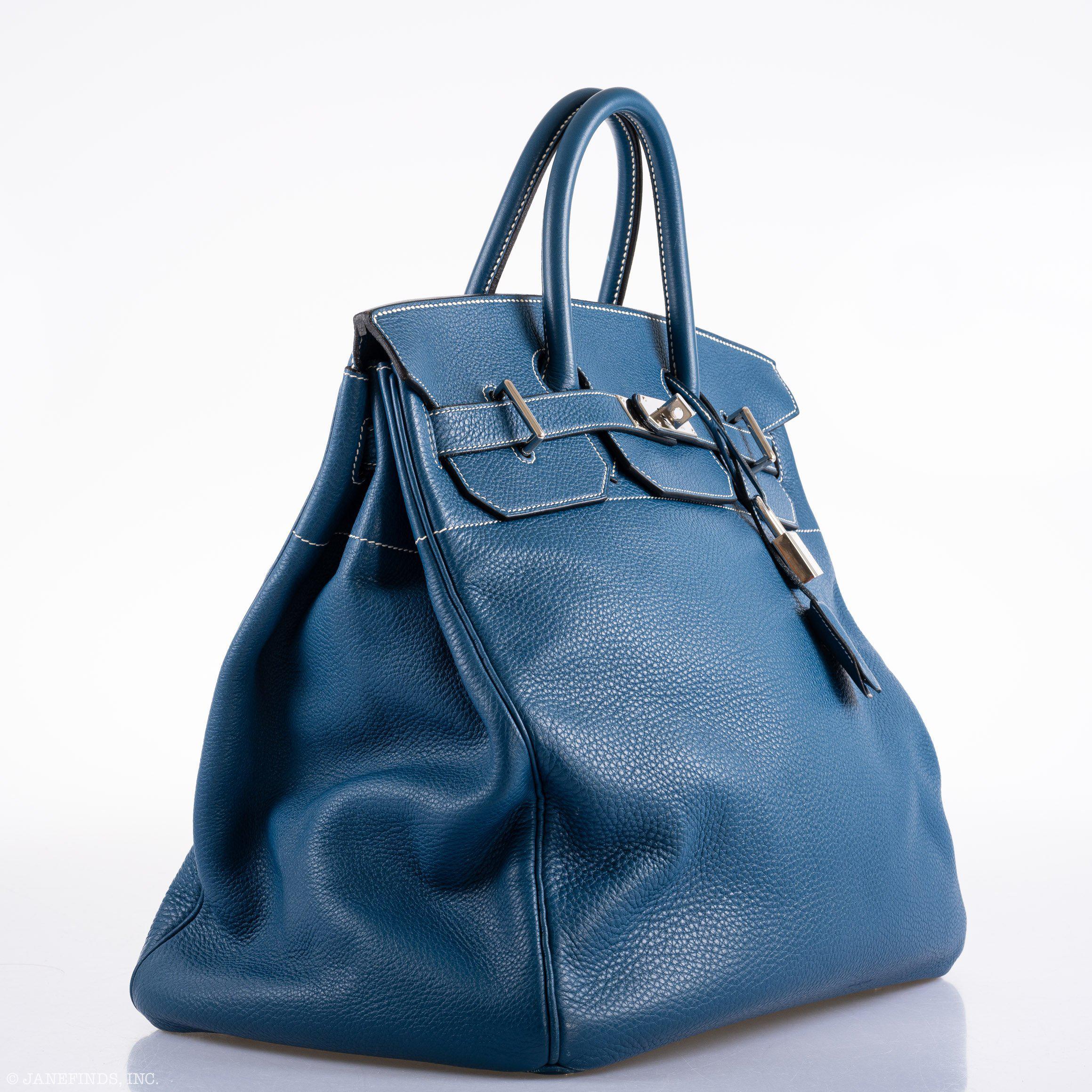 Hermes Birkin 40 HAC Blue Thalassa Togo & White Stitching Palladium Hardware - 2003, G Square - Exclusu