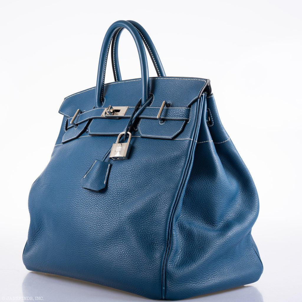 Hermes Birkin 40 HAC Blue Thalassa Togo & White Stitching Palladium Hardware - 2003, G Square - Exclusu