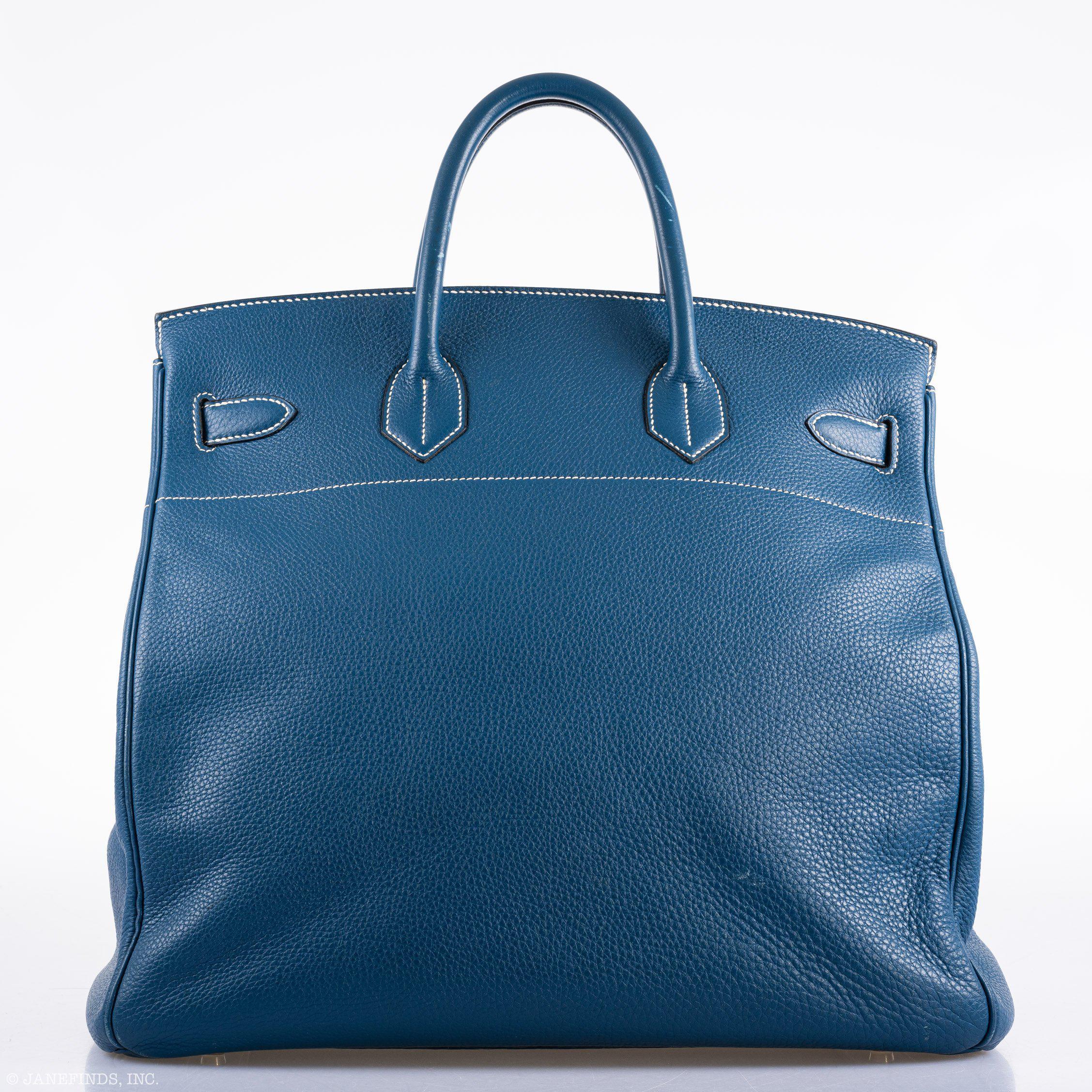 Hermes Birkin 40 HAC Blue Thalassa Togo & White Stitching Palladium Hardware - 2003, G Square - Exclusu