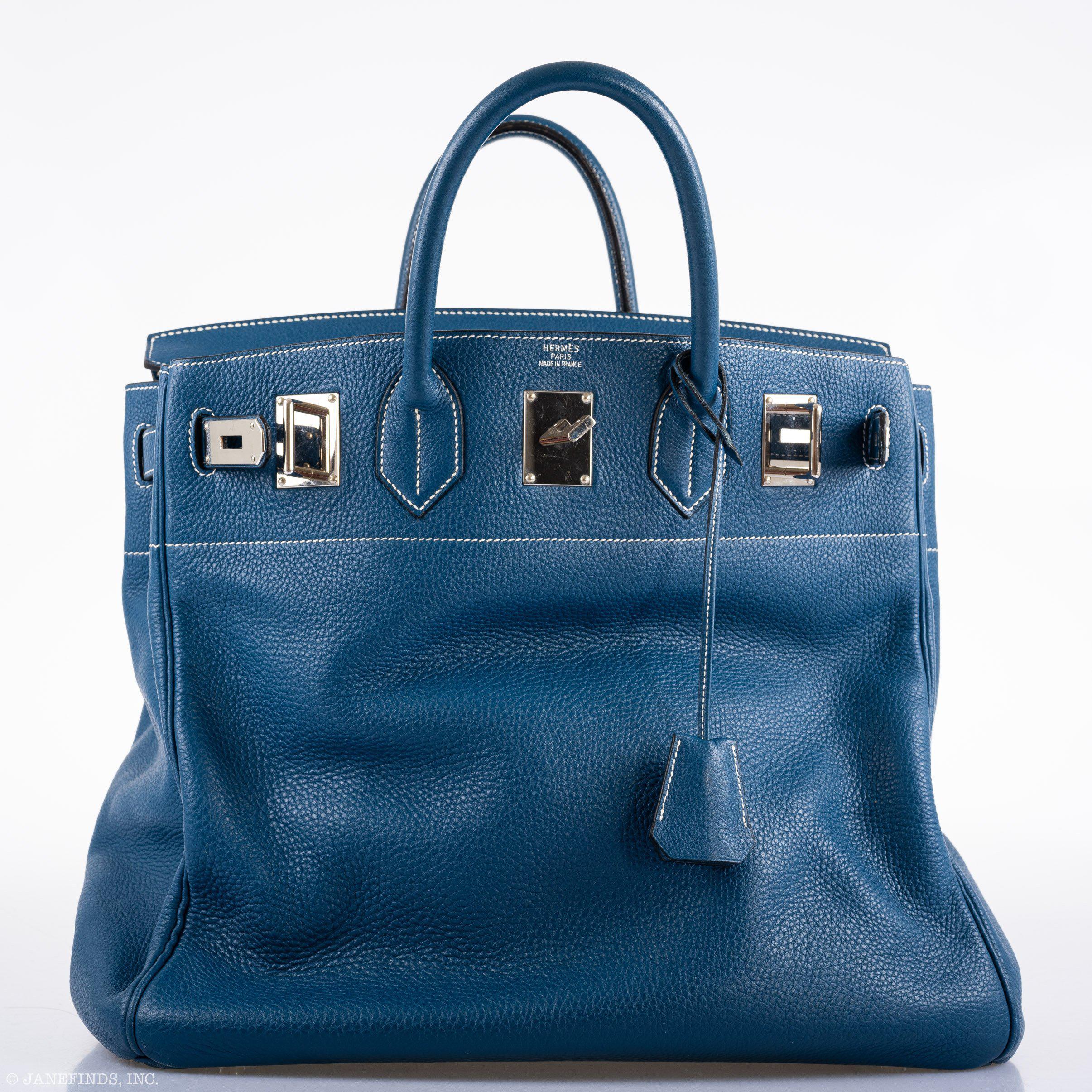 Hermes Birkin 40 HAC Blue Thalassa Togo & White Stitching Palladium Hardware - 2003, G Square - Exclusu