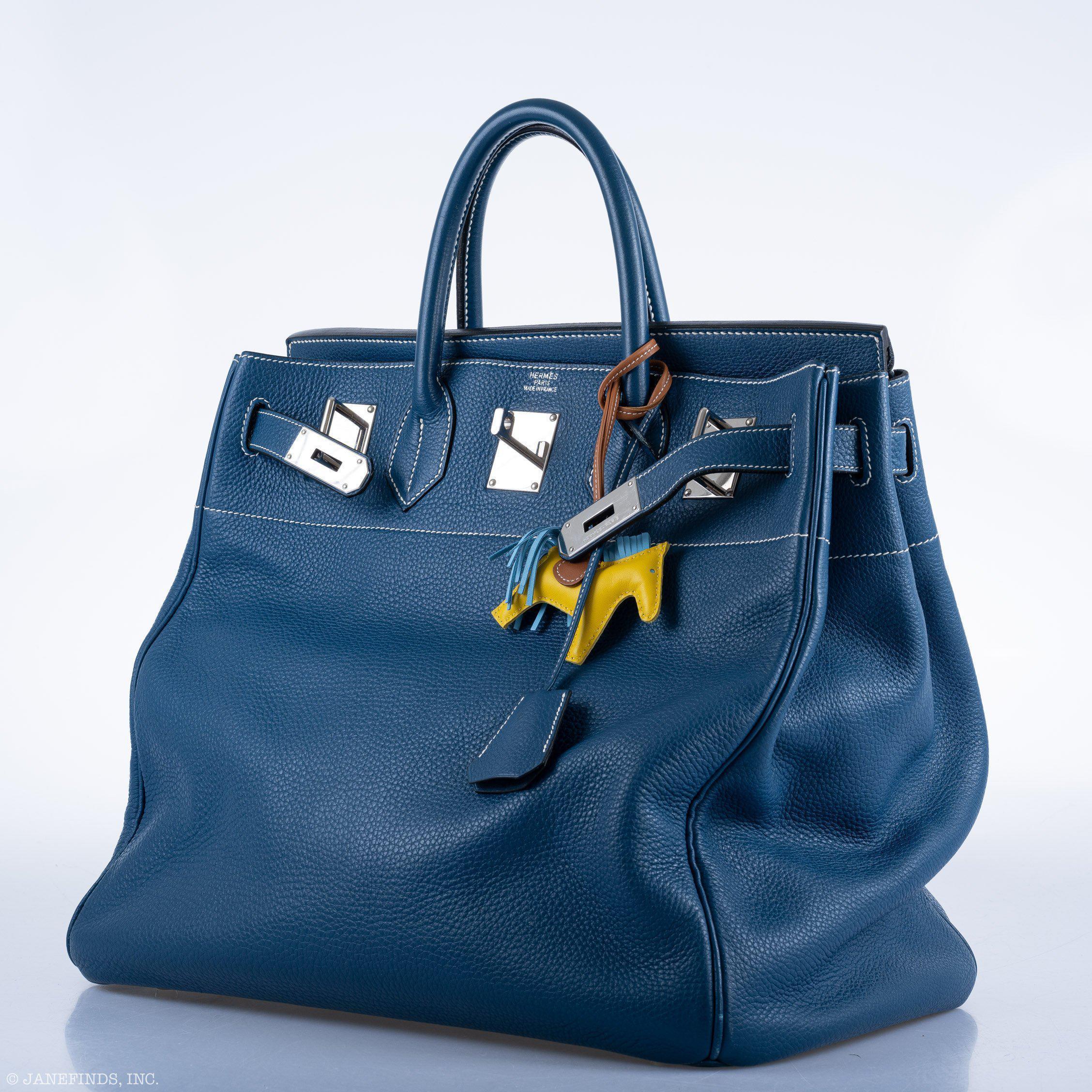 Hermes Birkin 40 HAC Blue Thalassa Togo & White Stitching Palladium Hardware - 2003, G Square - Exclusu