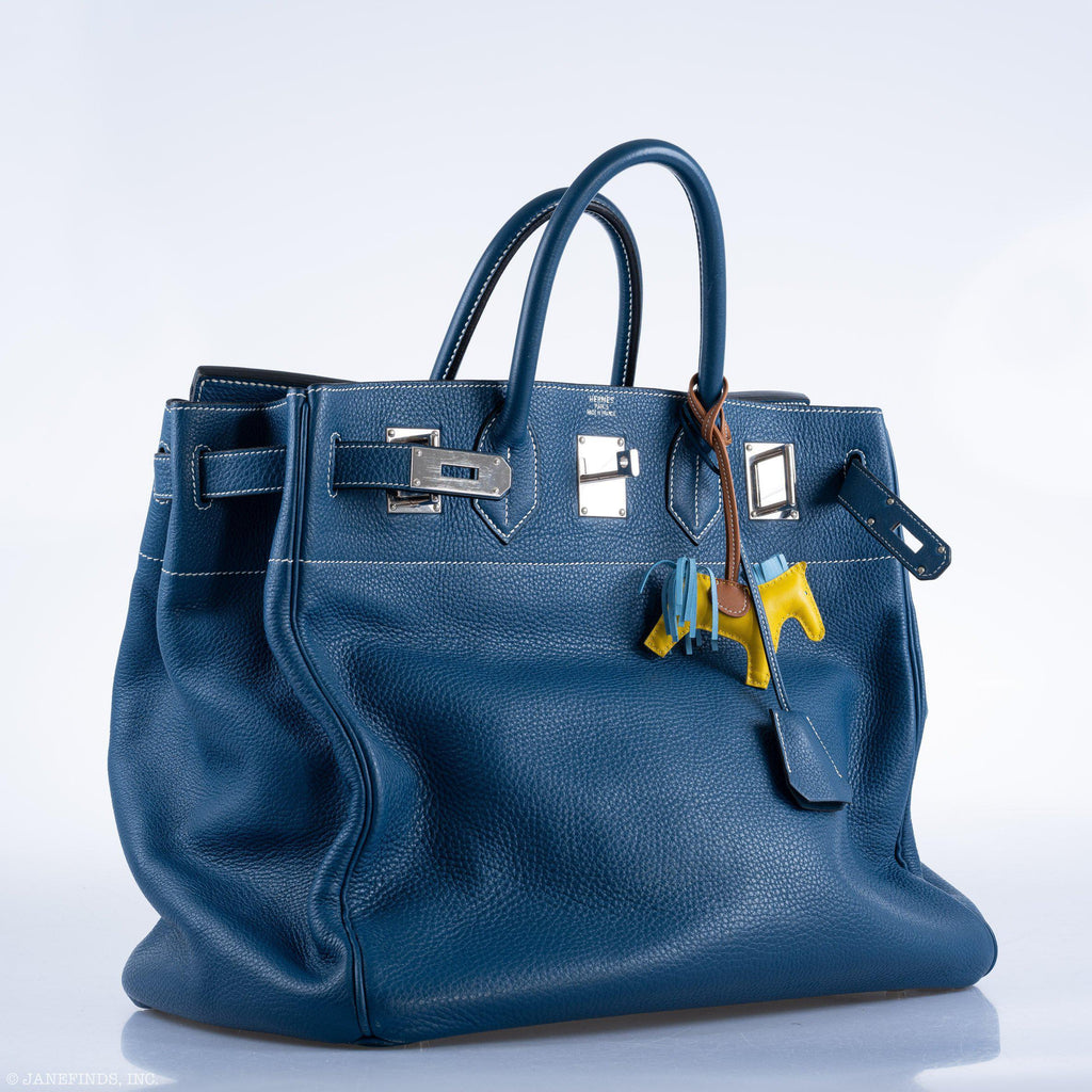 Hermes Birkin 40 HAC Blue Thalassa Togo & White Stitching Palladium Hardware - 2003, G Square - Exclusu