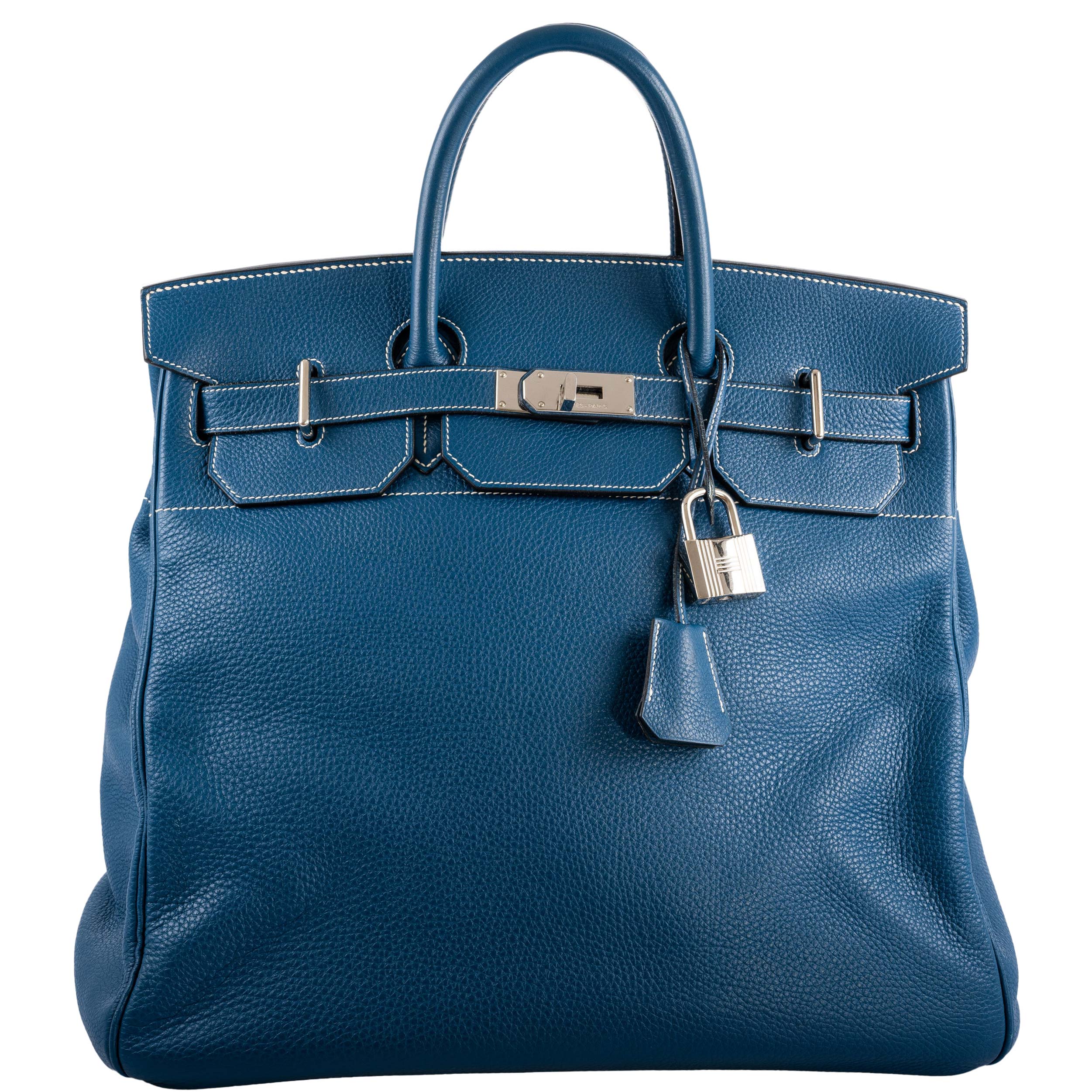 Hermes Birkin 40 HAC Blue Thalassa Togo & White Stitching Palladium Hardware - 2003, G Square - Exclusu