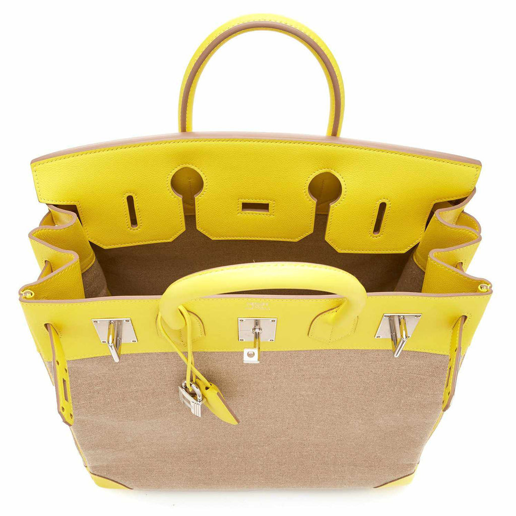 Hermes Birkin 40 HAC Lime & Ficelle Evercolor Toile De Camp Palladium Hardware - Exclusu