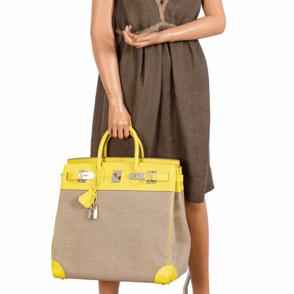 Hermes Birkin 40 HAC Lime & Ficelle Evercolor Toile De Camp Palladium Hardware - Exclusu