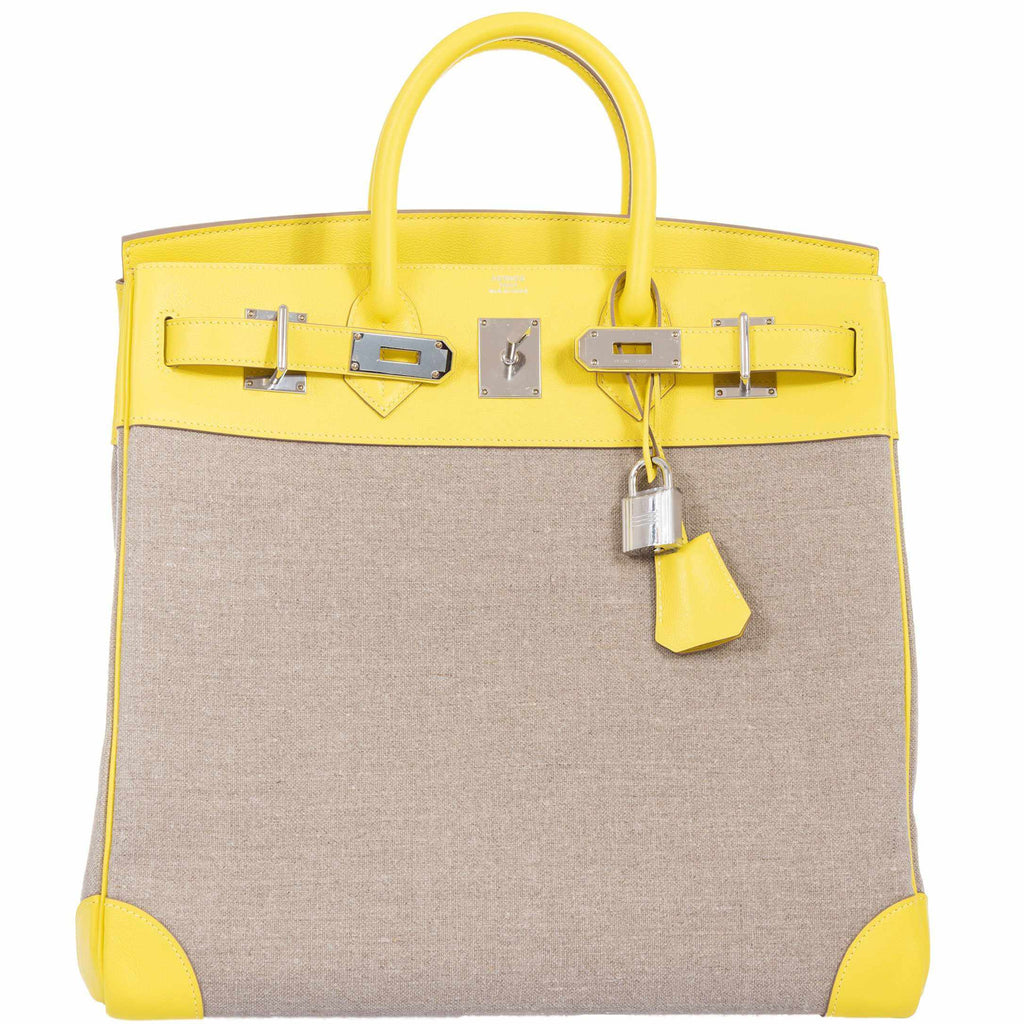 Hermes Birkin 40 HAC Lime & Ficelle Evercolor Toile De Camp Palladium Hardware - Exclusu