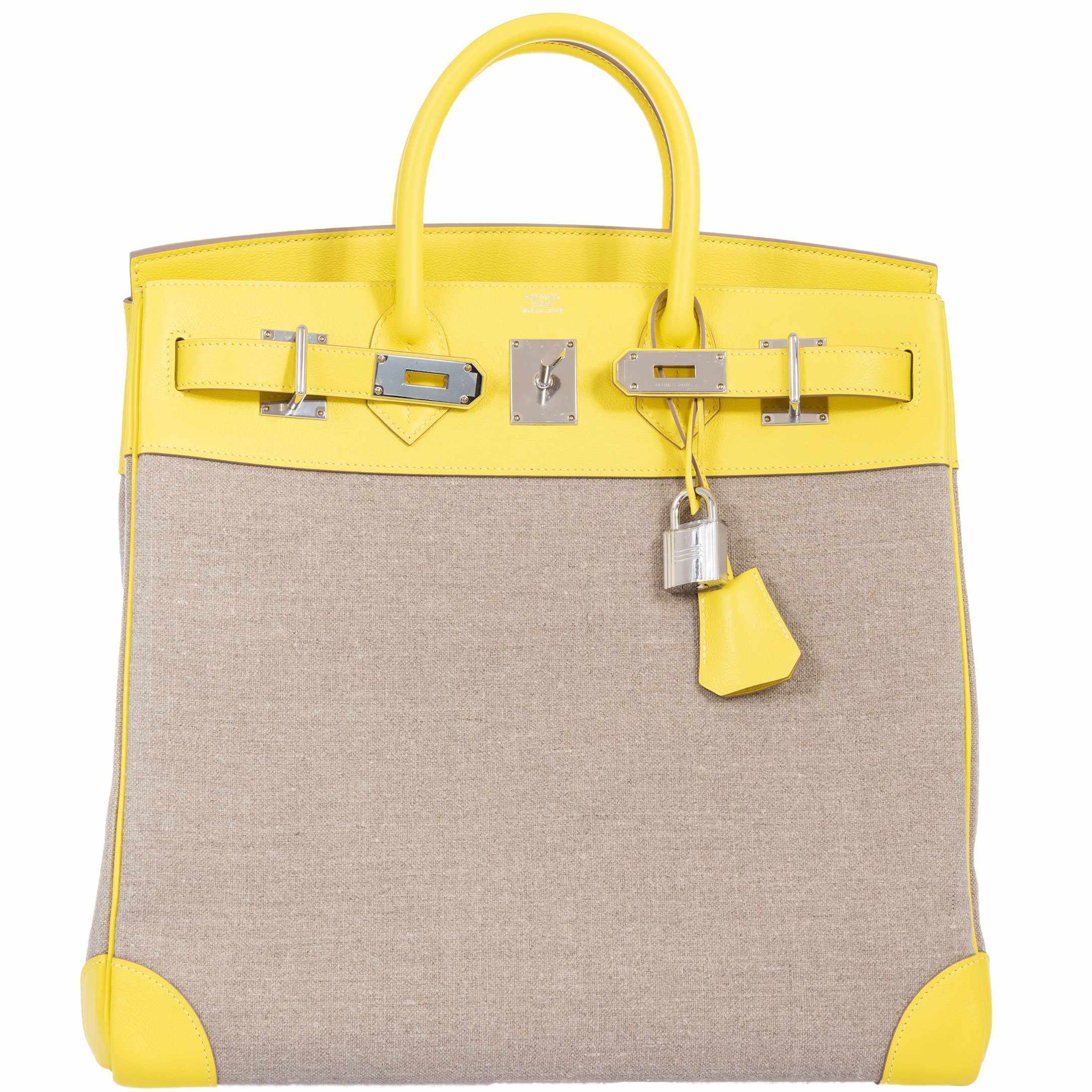 Hermes Birkin 40 HAC Lime & Ficelle Evercolor Toile De Camp Palladium Hardware - Exclusu