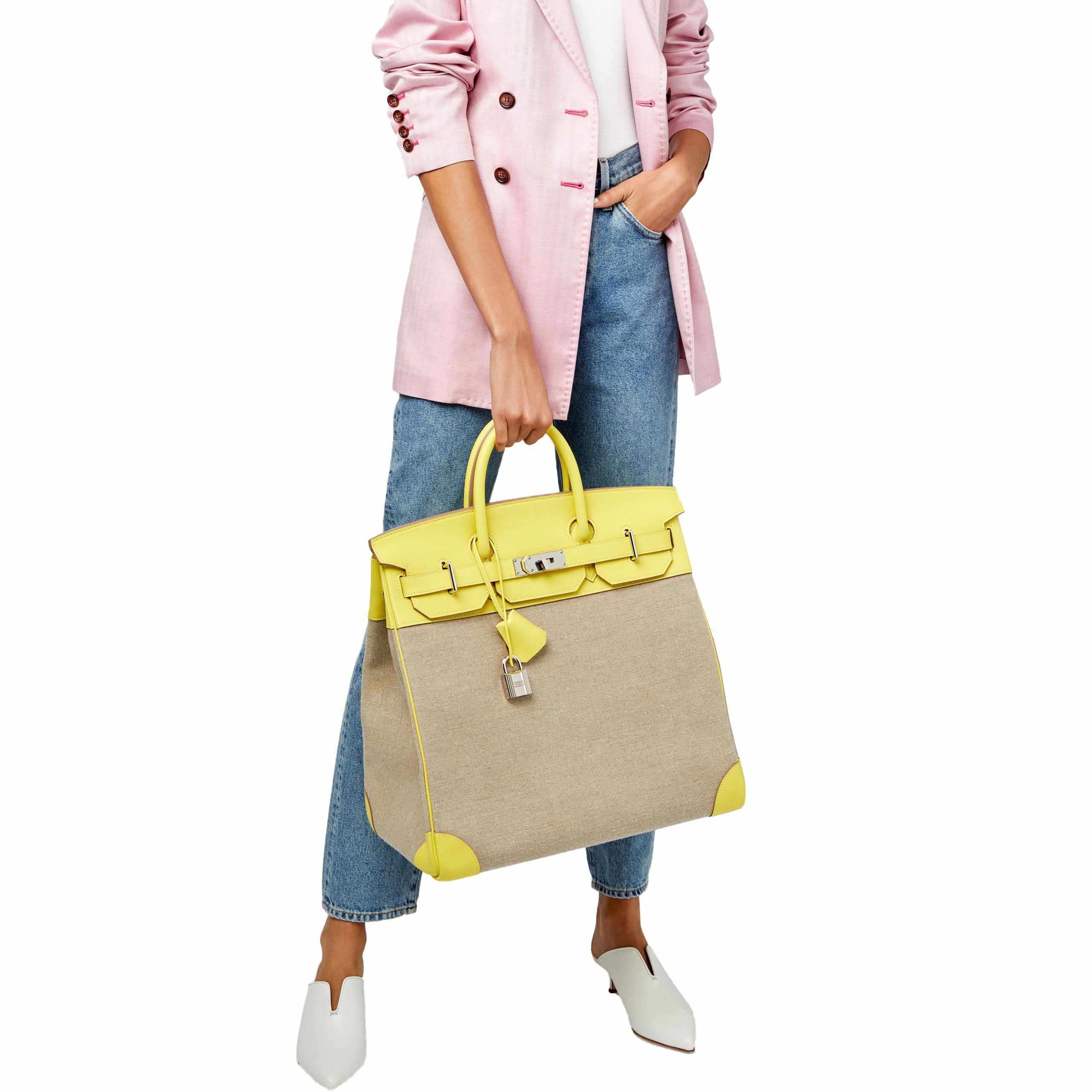 Hermes Birkin 40 HAC Lime & Ficelle Evercolor Toile De Camp Palladium Hardware - Exclusu