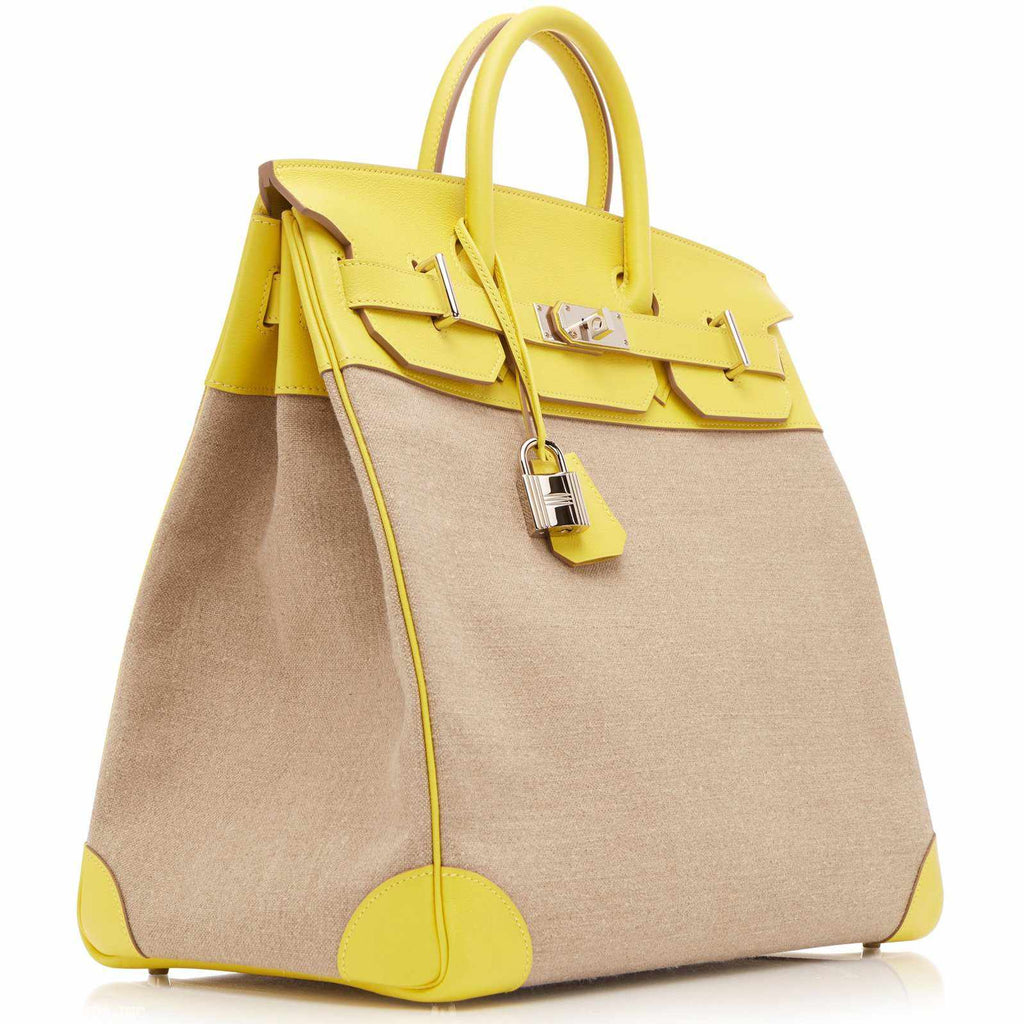 Hermes Birkin 40 HAC Lime & Ficelle Evercolor Toile De Camp Palladium Hardware - Exclusu