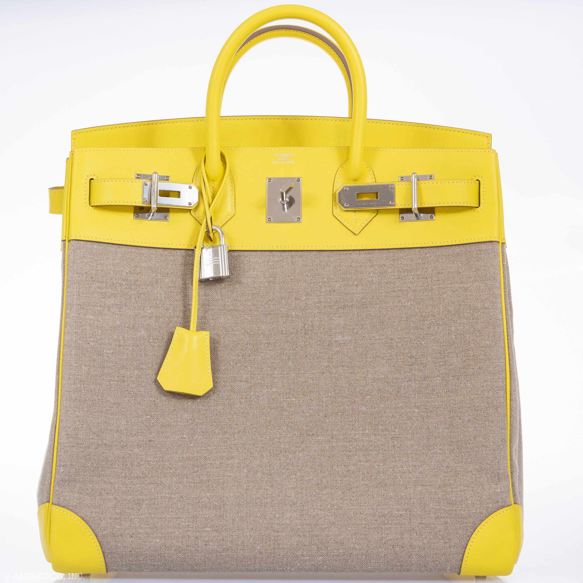 Hermes Birkin 40 HAC Lime & Ficelle Evercolor Toile De Camp Palladium Hardware - Exclusu