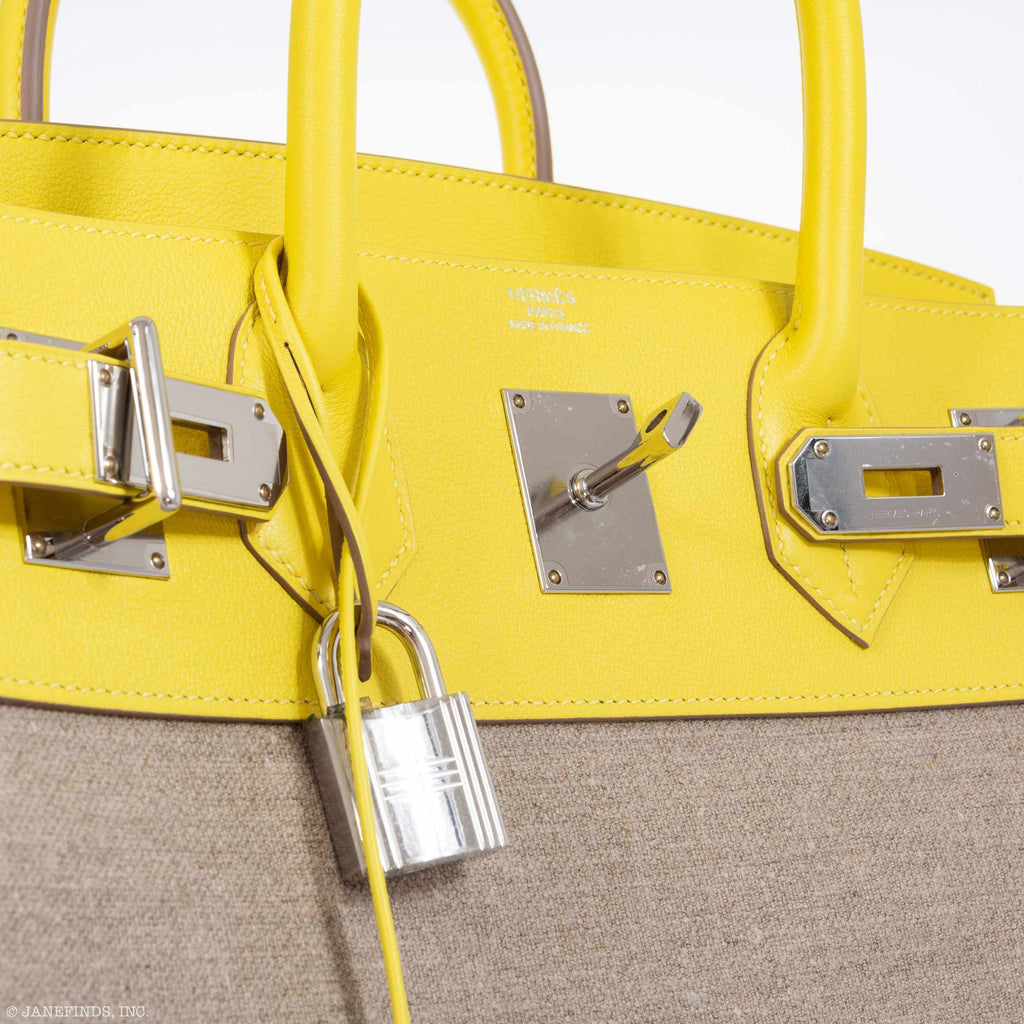 Hermes Birkin 40 HAC Lime & Ficelle Evercolor Toile De Camp Palladium Hardware - Exclusu
