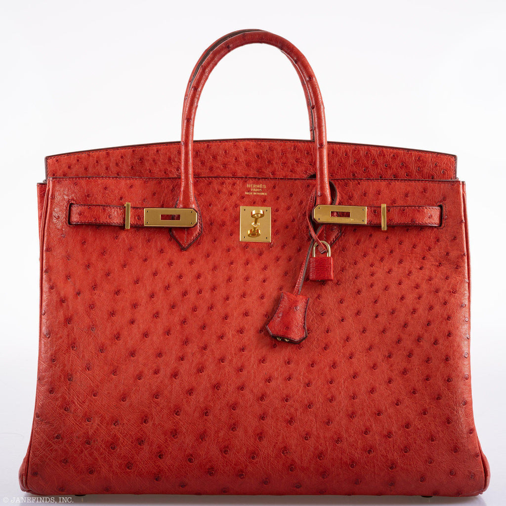 Hermes Birkin 40 Rouge Vif Ostrich with Gold Hardware - 1993, W Circle - Exclusu