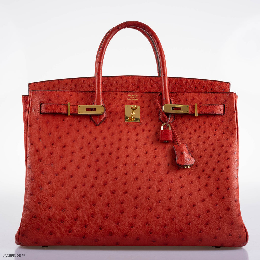 Hermes Birkin 40 Rouge Vif Ostrich with Gold Hardware - 1993, W Circle - Exclusu