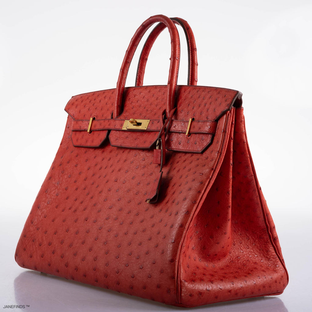 Hermes Birkin 40 Rouge Vif Ostrich with Gold Hardware - 1993, W Circle - Exclusu
