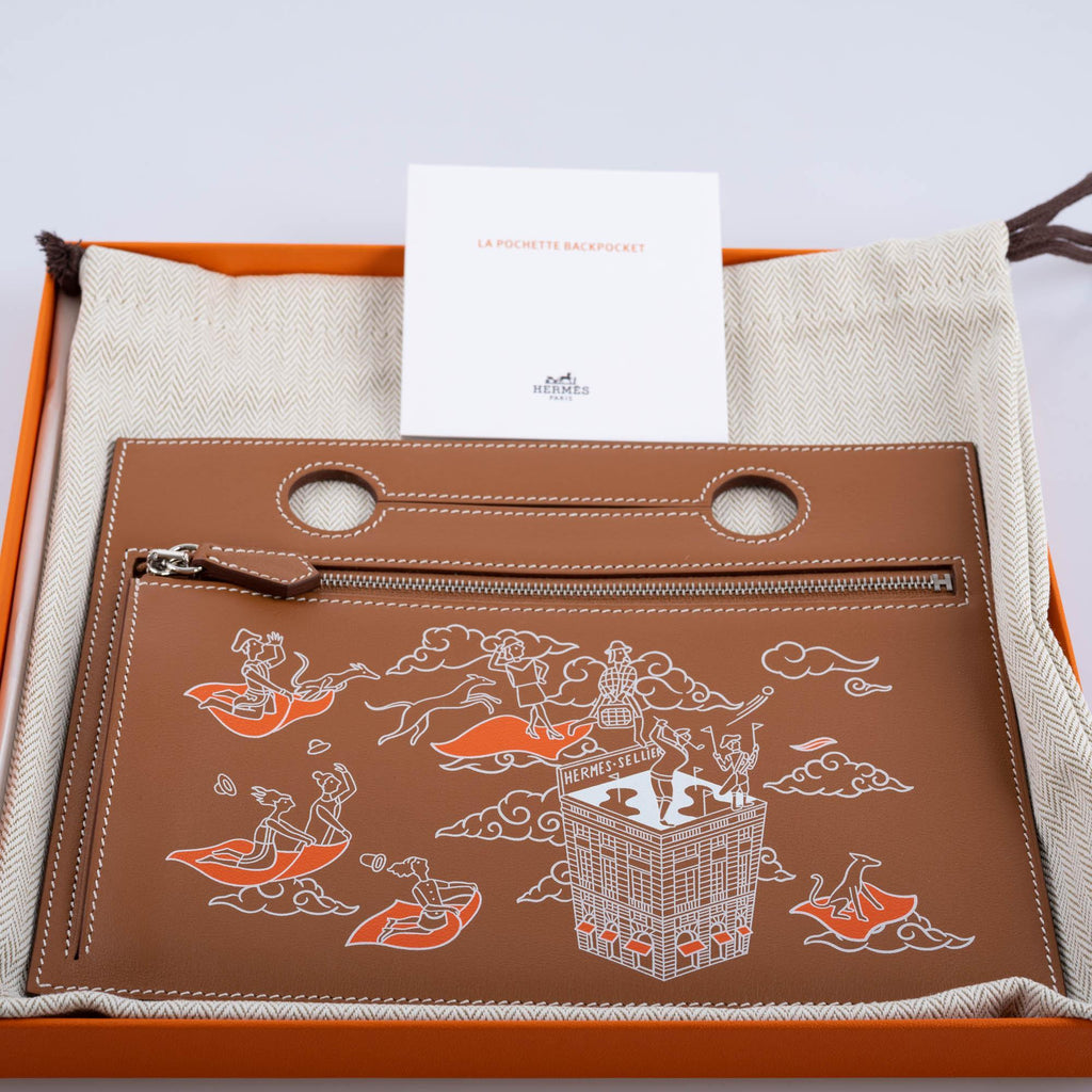 Hermes Birkin Pochette Backpocket Printed Gold Swift with Palladium Hardware - 2021, Z - Exclusu