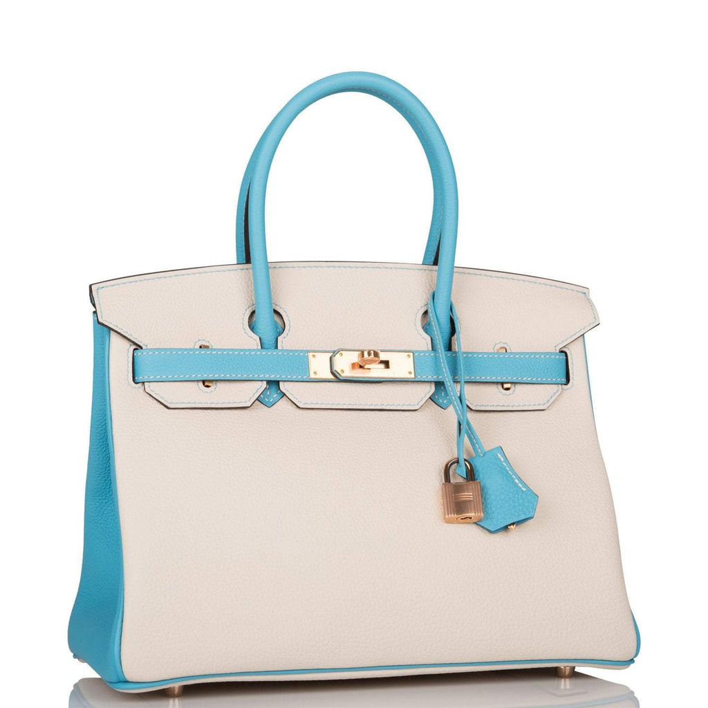 Hermes Birkin 30cm Bi-Color Craie and Bleu Atoll Togo  Rose Gold Hardware - Exclusu