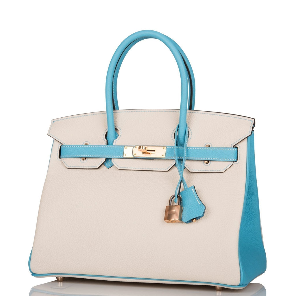 Hermes Birkin 30cm Bi-Color Craie and Bleu Atoll Togo  Rose Gold Hardware - Exclusu