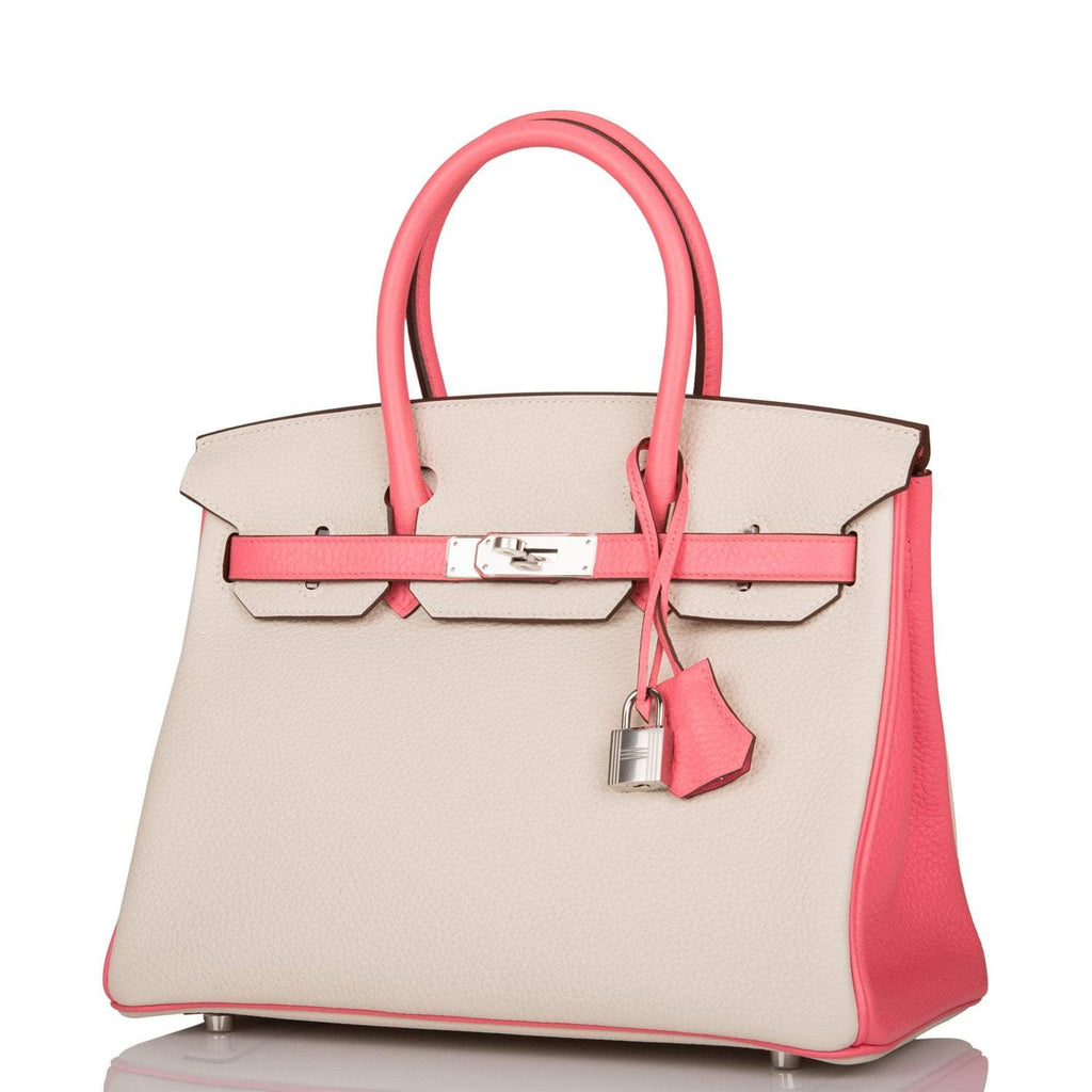 Hermes Birkin 30cm Bi-Color Craie and Rose Lipstick Clemence  Palladium Hardware - Exclusu