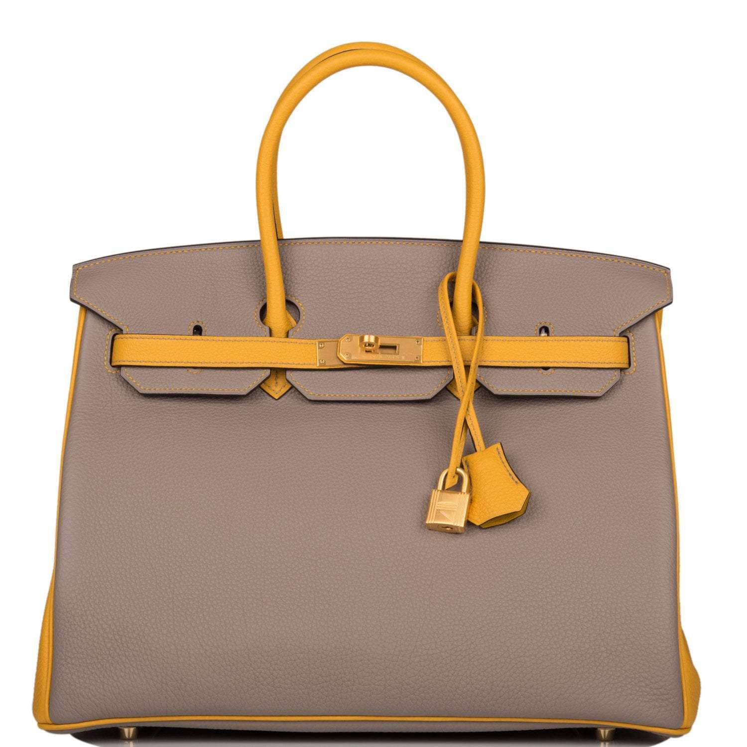 Hermes Birkin 35 Etoupe and Jaune Ambre Togo Brushed Gold Hardware - Exclusu