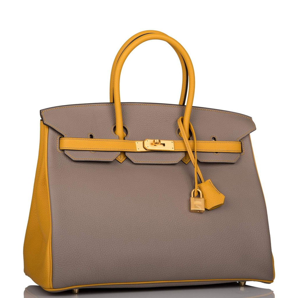 Hermes Birkin 35 Etoupe and Jaune Ambre Togo Brushed Gold Hardware - Exclusu