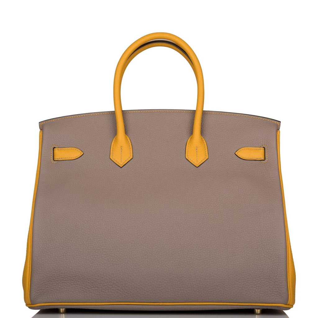 Hermes Birkin 35 Etoupe and Jaune Ambre Togo Brushed Gold Hardware - Exclusu