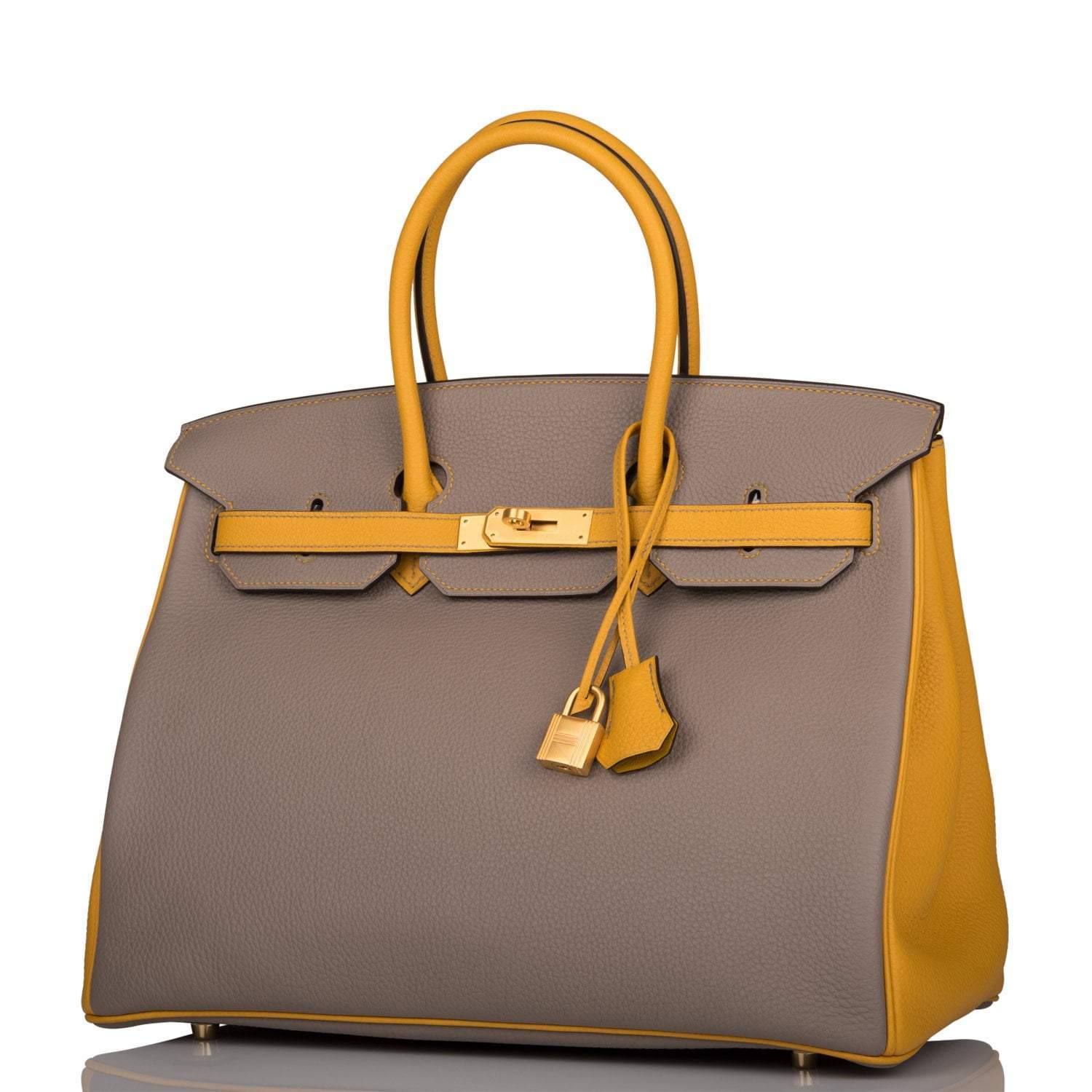 Hermes Birkin 35 Etoupe and Jaune Ambre Togo Brushed Gold Hardware - Exclusu