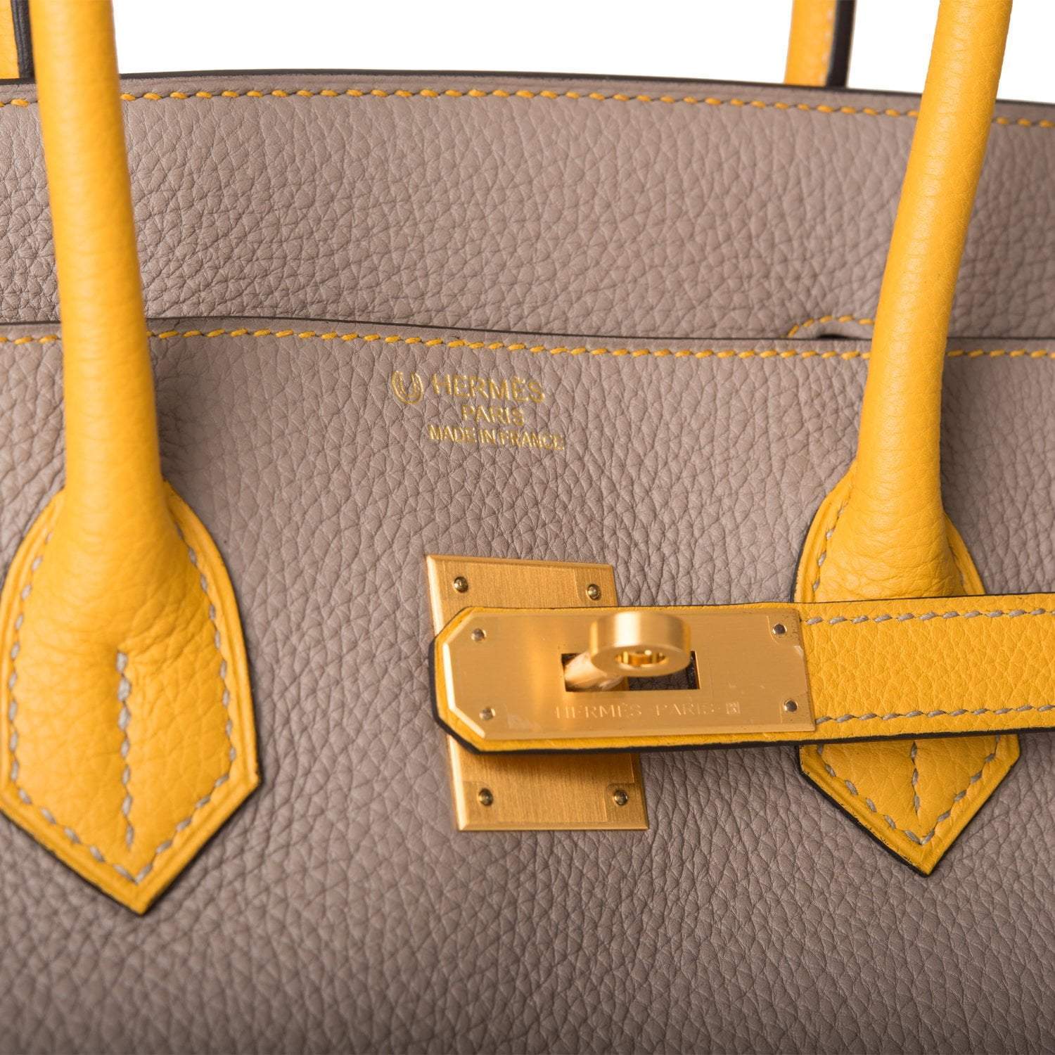 Hermes Birkin 35 Etoupe and Jaune Ambre Togo Brushed Gold Hardware - Exclusu