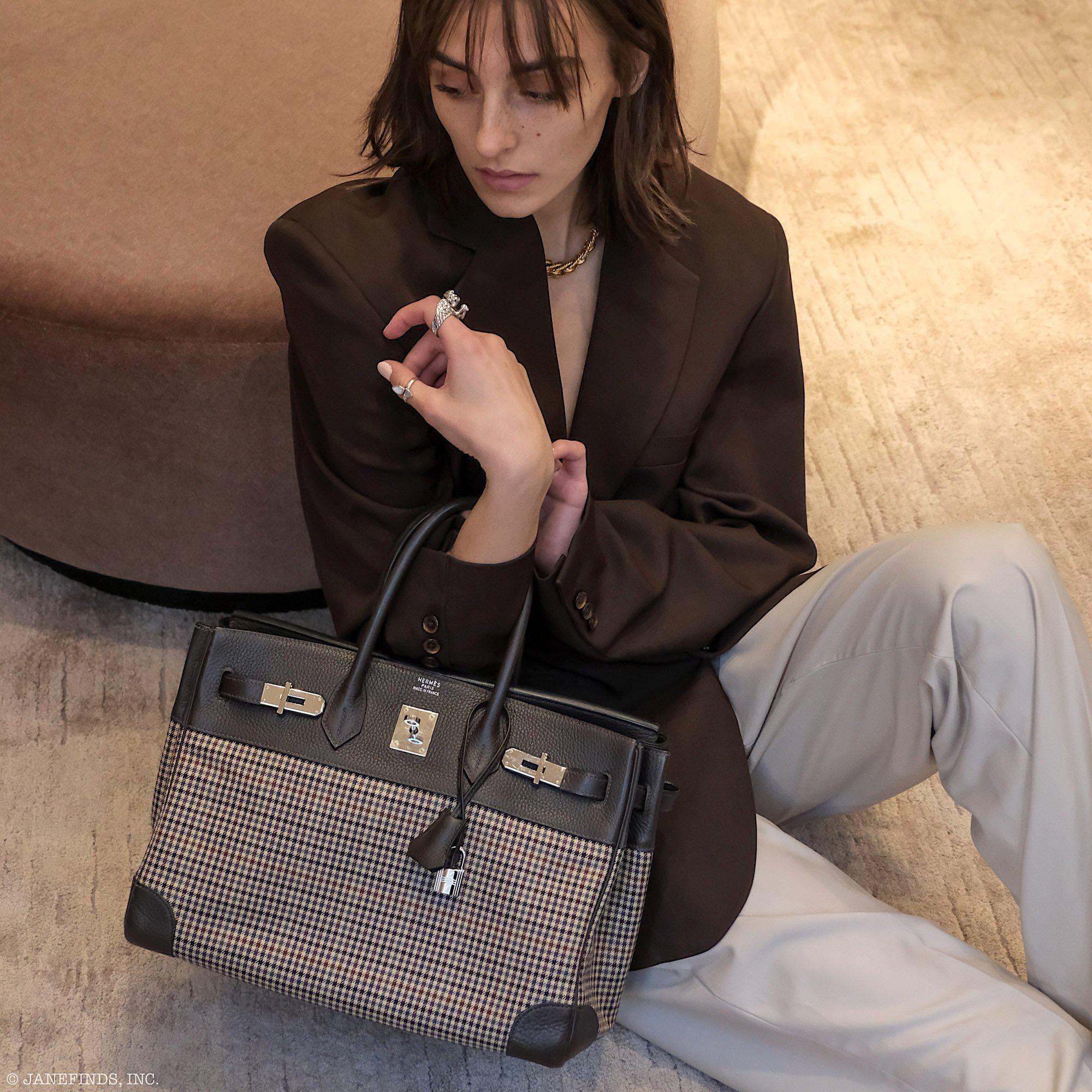 Hermes Birkin 35 Togo And Plaid Wool Lainage Palladium Hardware -Runway Bag - Exclusu